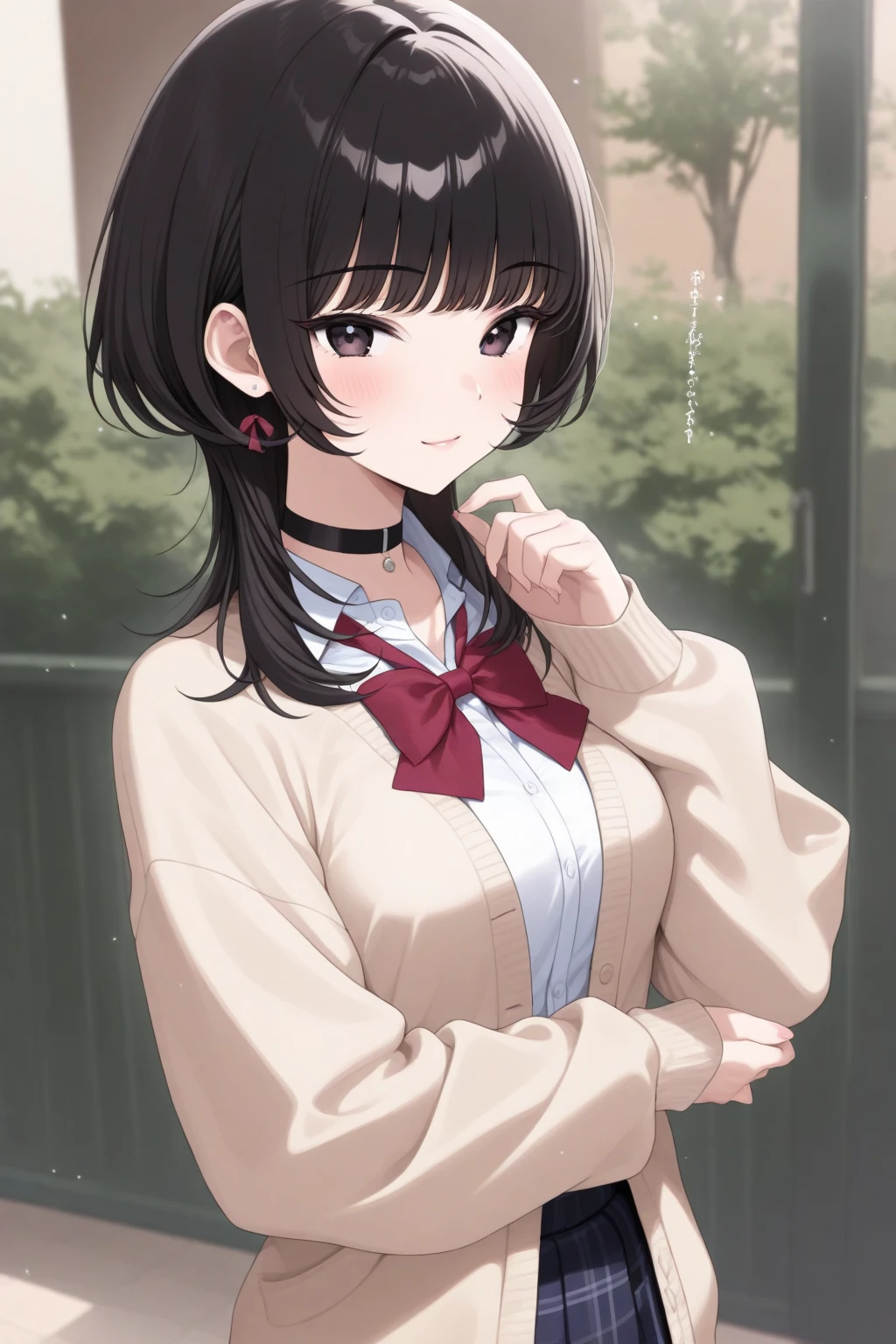 (masterpiece:1.3, top-quality, ultra high res, ultra detailed), (realistic, photorealistic:1.4), beautiful illustration, perfect lighting, natural lighting, colorful, depth of fields, ,
beautiful detailed hair, beautiful detailed face, beautiful detailed eyes, beautiful clavicle, beautiful body, beautiful , beautiful thigh, beautiful legs, beautiful fingers, shiny skin, 
looking at viewer, 1 girl, high school girl, (perfect , anatomically correct, super detailed skin), cute and symmetrical face, babyface, perfect face, perfect eyes, slender, 
(long hair:1.5, low twintails:1.5, light purple hair), swept bangs, gold eyes, drooping eyes, big eyes, long eye lasher, (,  thighs), skin dendation, 
(detailed cloth texture, long sleeves light brown cardigan:1.2, white collared shirt, light grey pleated skirt), white thigh-high, dark red tie, 
(beautiful scenery), day time, (crosswalk:1.1), squatting, (lovely smile, upper eyes, parted lips), 
