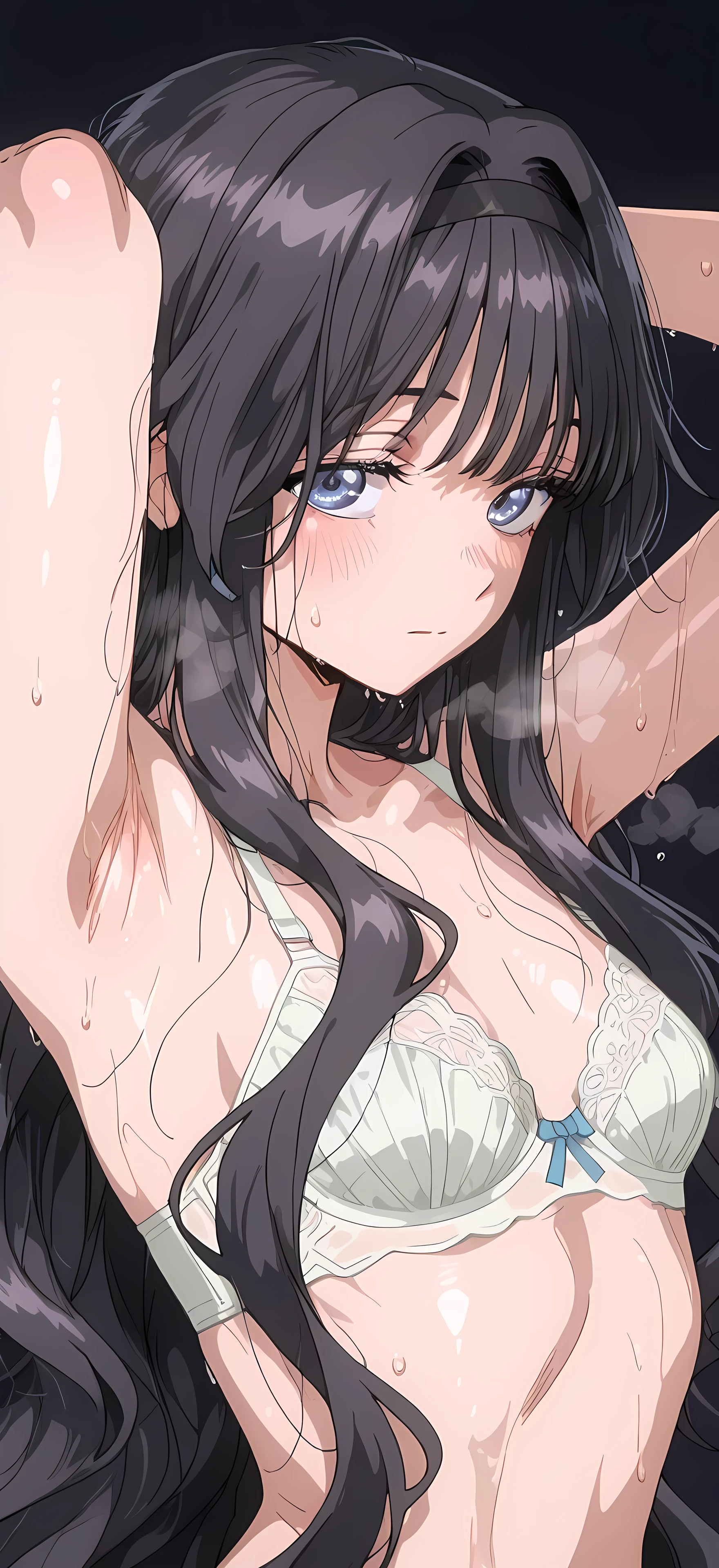 kaoruko waguri, long hair, blue eyes, black hair, very long hair, sidelocks, hairband, wavy hair, hair intakes, black hairband, mature female, , anime screencap, white miniset bra , 748cmstyle, young female, small , anime screencap,、I can see my armpits all over the screen、((wet body), sweatyの腋を視聴者に押しつける、show my armpits to the viewer、、sweat springs out of my armpits、sweaty、Female body with sweat、dripping armpit sweat, 8K Ultra HD、bewitching gaze、8k highest quality、simple dark background, looking at viewers, ((detailed hair)), (((half body shot))), (super detailed eyes), (gasping for air), close up, dinamic pose,