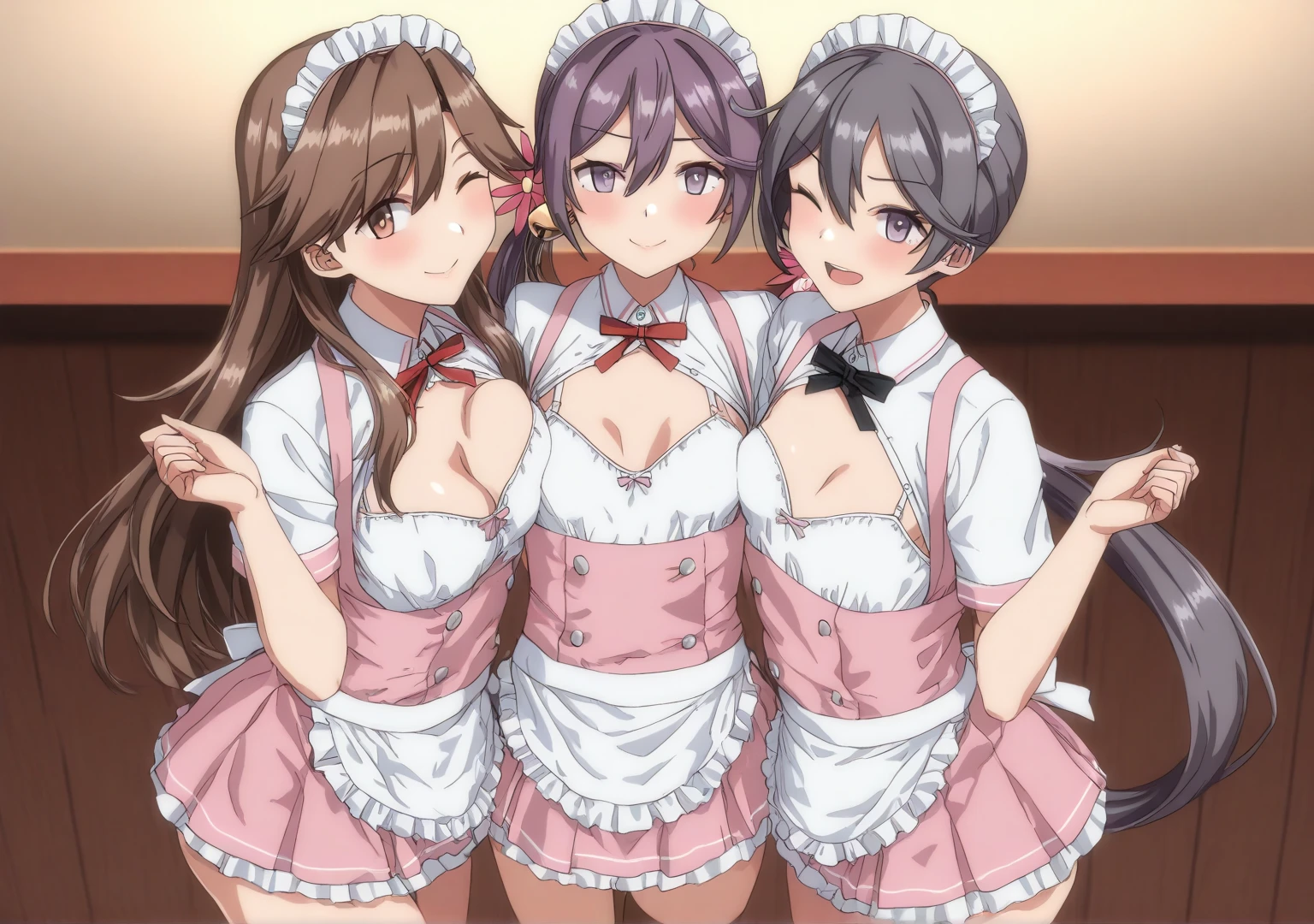 ((2 girls))、laughter、blush、black shirt、blouse、((fun))、（small breasts）、Chirarism、single braid、((white apron:1.5))、((maid))、((hair ornaments)),  thighs, 壊す in house, ((in house:1.5))、 BREAK looking at viewer、torn skirt，(grab the skirt:1.0)、 (perfect hands, perfect anatomy),cowboy shot、((shaved :1.5))、(skirt that rolls up:1.3)、(Highly detailed  fully exposed:1.5)、(Photo seen from below)、skirtlift