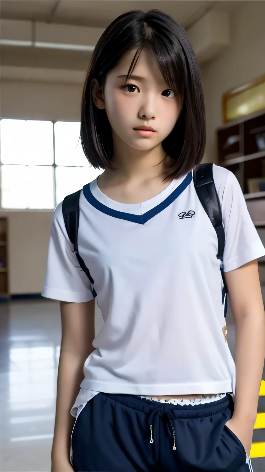 Browsing Caution,Highest quality,Ultra-high resolution,1 person,whole body,Black Hair, Troubled expression,Looking into the camera,Beautiful and elaborate face,Fine and beautiful skin,Skin Texture,Middle school students,Sporting goods,Small breasts,Shorts,Classroom after school,Standing pose,short hair,very good,