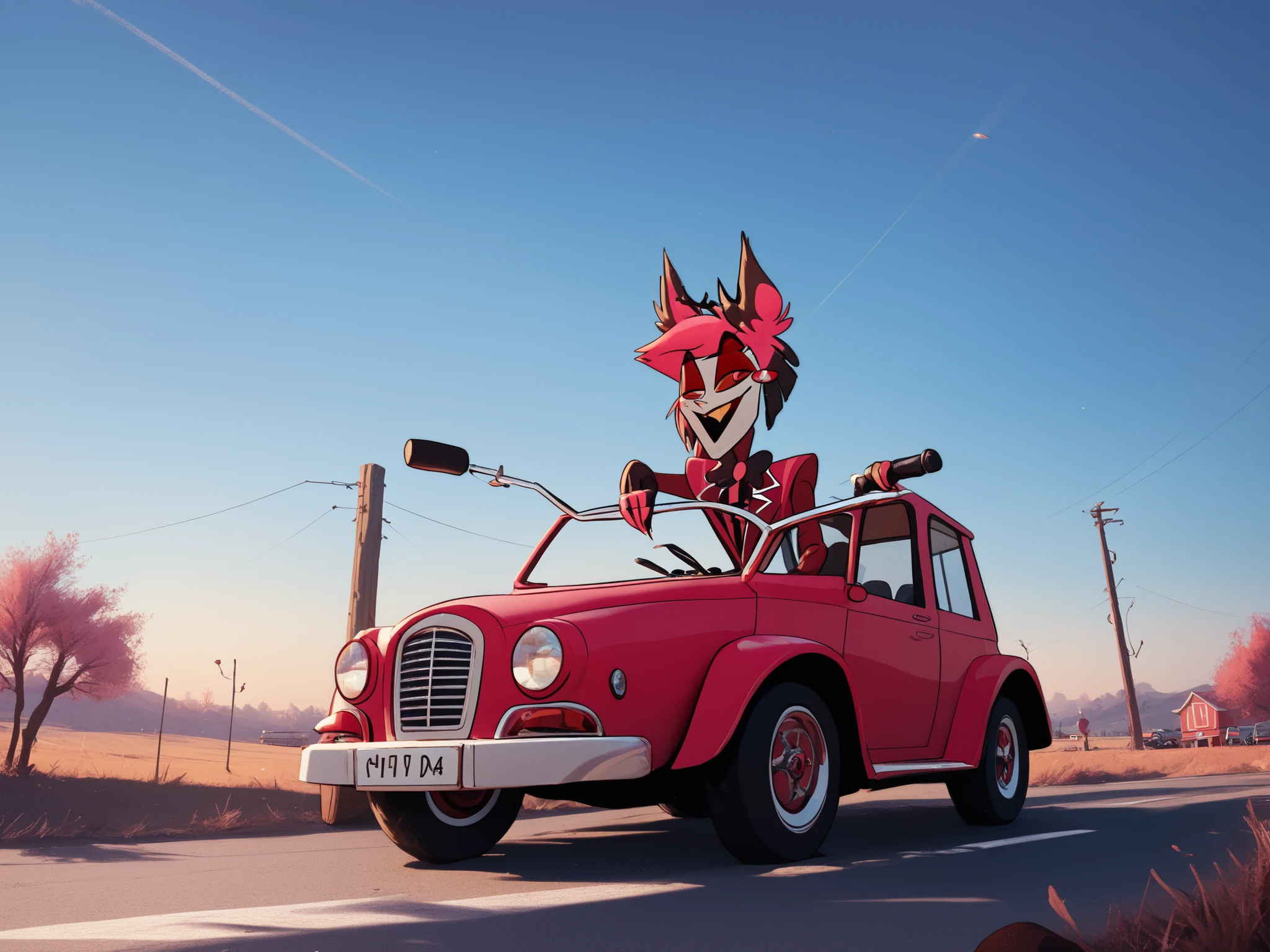 Take a photo of Alastor from the hotel, Hazbin, riding a tractor and driving through a poop field