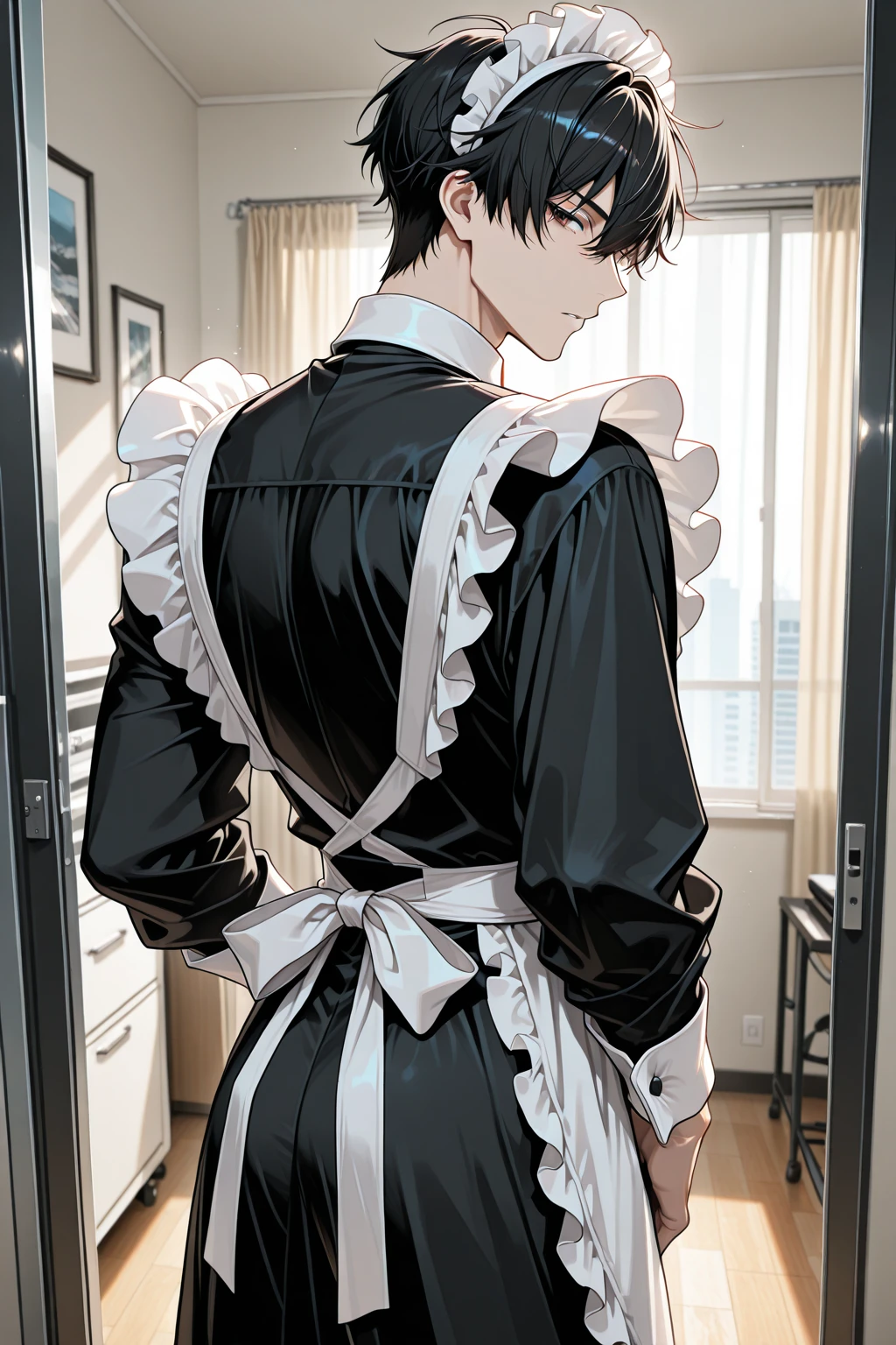 (masterpiece, best quality), <lora:AdMikAckr-Illustrious-lora-Faxtron:1> admikarman, black eyes, black hair, short hair, maid, 
covering crotch, covering privates, from behind,escalator , covering ass, <lora:coveringcrotch_Illust_v1:0.8> dutch angle, upper body, looking back,