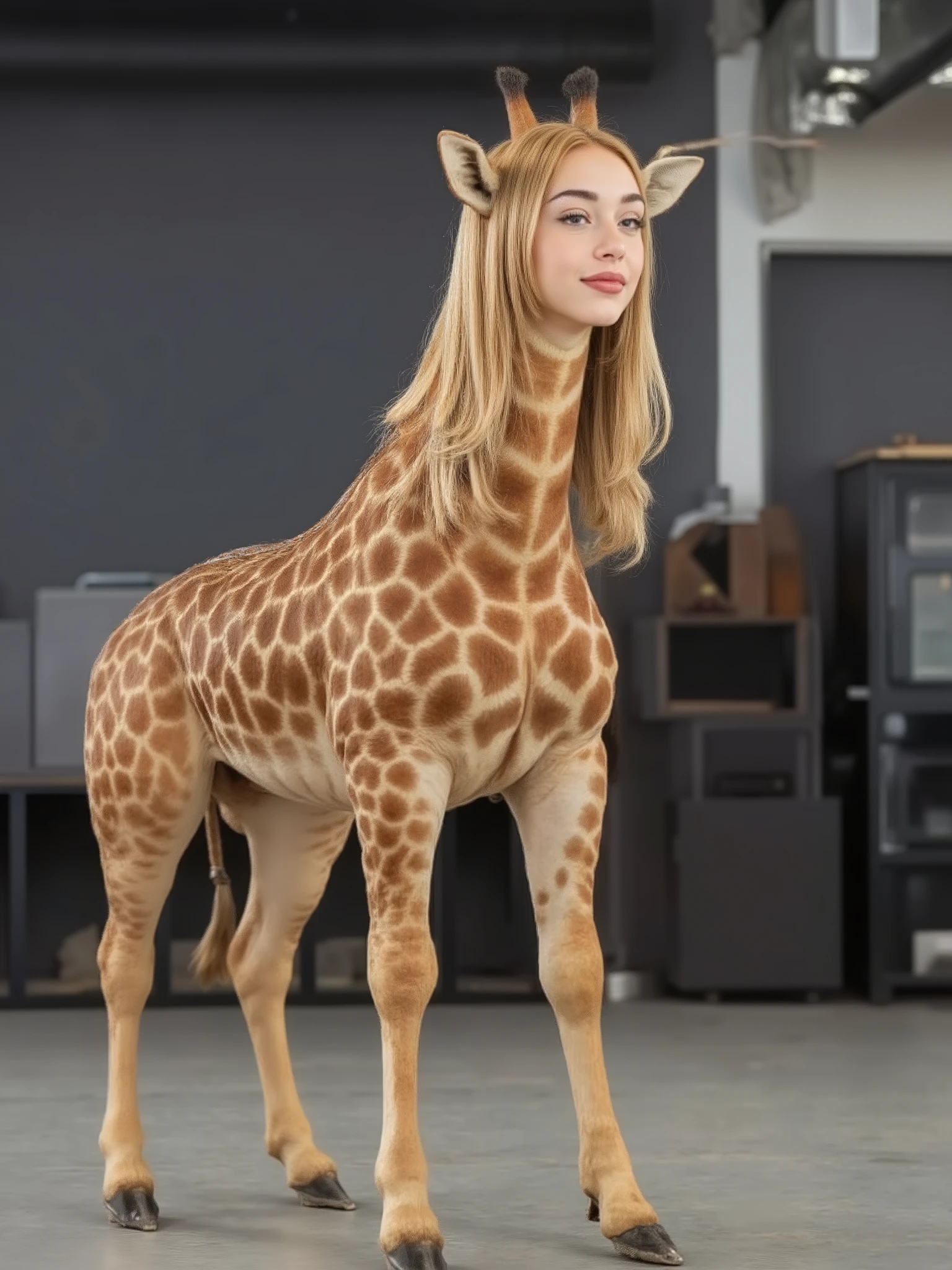 masterpiece, High Quality, high resolution hairstyle, hyperrealistic photograph, Majestic female anthropomorphic giraffe, hybrid creature standing on the ground on its four legs, anatomy of a humanized giraffe in an elegant posture, beautiful female face delicate features, long, silky blond hair that falls on the shoulders, giraffe ears crown her head, bright and expressive eyes, body completely covered with soft and shiny fur, long y elegante cuello que mantiene el equilibrio, height proportional to an adult woman, defined muscles under the fur, proud and elegant posture, Flirty and happy. Modern classroom interior, LED lighting that creates sharp shadows and dramatic contrasts, detailed realistic textures, perfect details of hair and skin, 8K, professional lighting, balanced composition, depth of field
