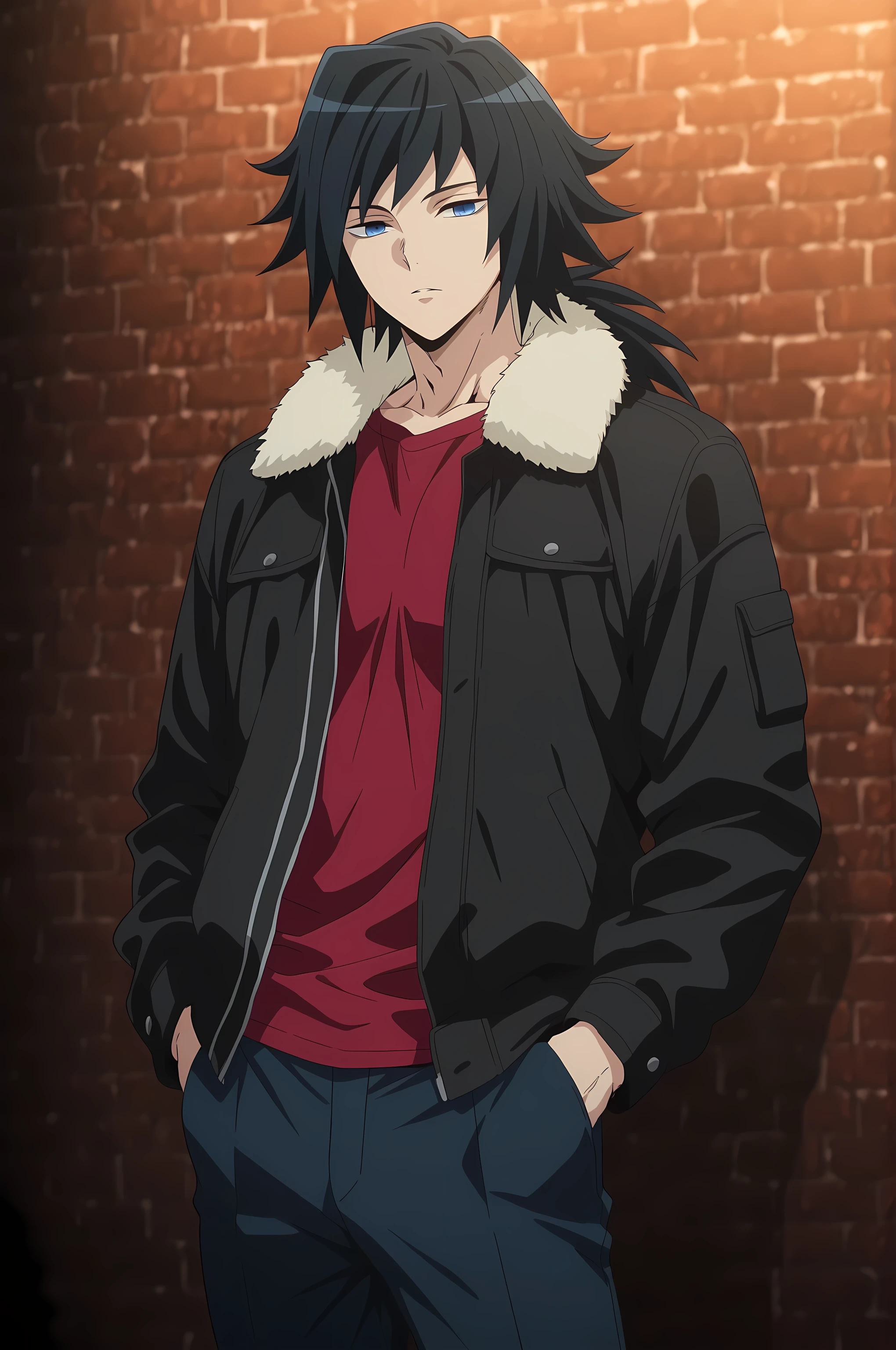 anime screencap, masterpiece, best quality, giyuu_tomioka, 1boy, adult male, ractical body shape, fit bodies, attractive bodies, black hair , blue eyes , bangs, long hair, , cowboy shot , looking at viewer , brick wall , hands in pockets, (black jacket) , fur-trimmed jacket , red t-shirt , blue pants ,