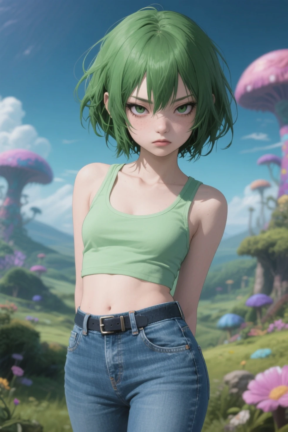 amazing quality, newest, absurdres, realistic lighting,
Cowboy shot, Dynamic angle,1girl, solo,  cool beauty,
Teal green Hair, long straight hair,
green bikini, overalls, cleavage,
Dynamic pose,
green background,
anime style, detailed face,
