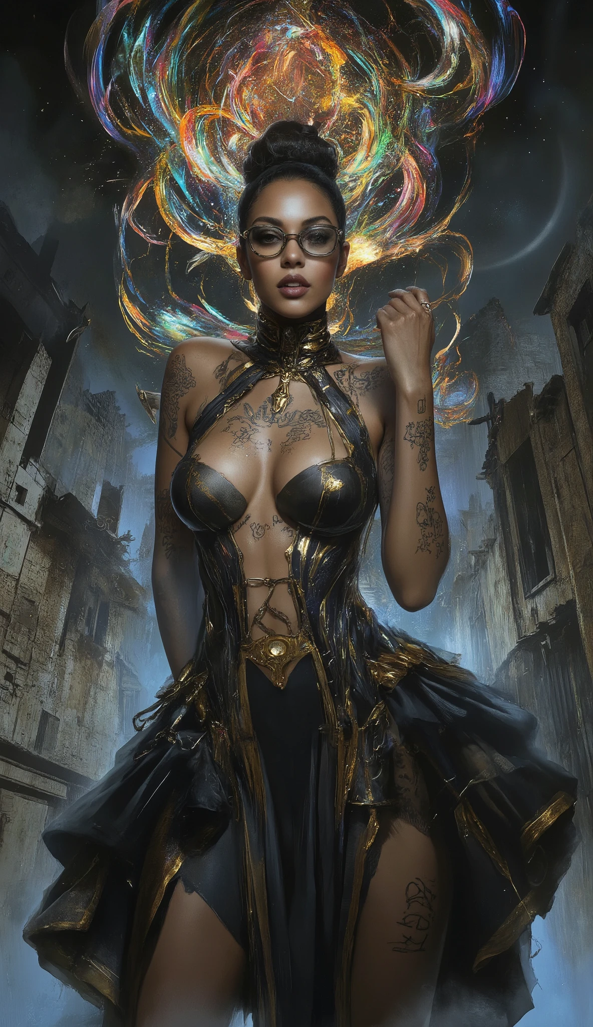 In the style of Neon glitch mosaic surrealism, we see a photo-realistic bizarre portrait of a beautiful, and Charismatic caucasian half black lady of mixed heritage bearing a large gap toothed infectious smile between dimpled cheeks, graceful yet an outcast, radiating an eldritch aura and mysterious supernatural power. Her deep light golden-brown caramel skin glows with lifelike detail. She stands in a wild avant garde black and gold dress with a skirt that ends at her thighs thats very low cut and nuanced, in a theatrical pose, eyeglasses of superb make that are in a golden and black frame, large round expressive dark eyes, gap-toothed beguiling smile, exuding otherworldly energy. Her form: petite upper body, medium 32C natural breasts, powerful larger arms, trim waist, dramatically wide hips, large round ass, robust long legs. Tattooed script of loved ones on arms and chest; unfinished bowtie tattoos on thick thighs. Around her, swirling tendrils of shadow and iridescent light evoke an ancient cosmic power, casting ethereal light and mysterious symbols. In the somber, moody background, crumbling ancient wonders and modern facades meld in cool tones, surreal textures, gothic opulence and bold dramatic lighting. Intricate, high-fashion details inspired by McQueen, Mugler, and Gaultier. She is enveloped in a haunting, melancholic glamour—chosen, enchanting, blending history, futurism, and eldritch magic in a cinematic ArtStation illustration.