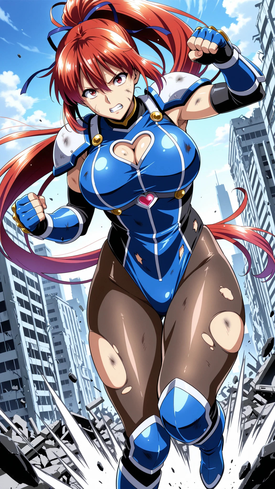 heart-shaped pupils, red hair, long hair, expressionless, UHD, masterpiece, super detail, high quality, highres, best quality, high details, anatomically correct, 4K, HD, UHD, masterpiece, super detail, high quality, highres, best quality, high details, anatomically correct, 4K, HD, anime girl with big  posing in a  pose, biomechanical oppai, oppai, thicc, oppai proportions, sfw version, oppai cyberpunk, mighty plump female sorceress, rias gremory,  covered and sfw, large thighs, black , latex, detailed face, hyper detail, UHD, masterpiece, anatomically correct, textured skin, super detail, high quality, award winning, best quality, highres, high details, 4K, HD, blue eyes, saluting, leotard, thick lips, , platform heels