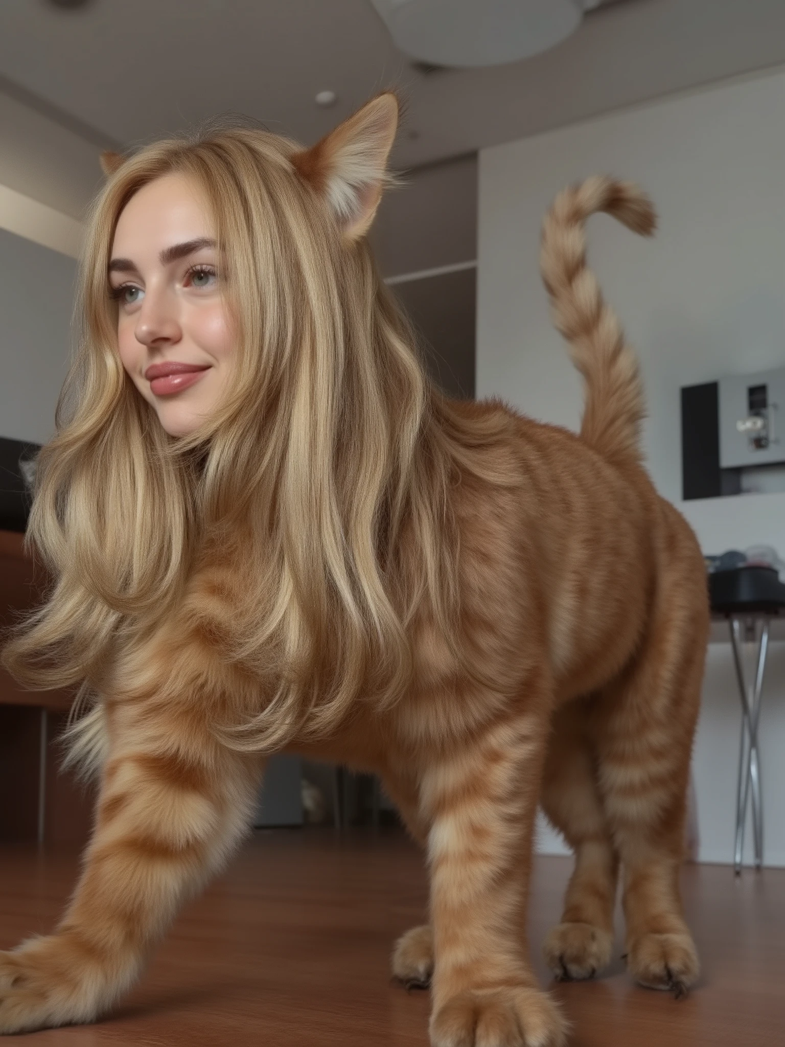 (masterpiece, High Quality, high resolution hairstyle, hyperrealistic photograph), Majestic feminine woman, Walking on all fours, feline anatomy, woman's face, female head, side view, Muscular legs, beautiful female face delicate features, long, silky blonde hair that falls over your shoulders, triangular cat ears that crown her head, and a long, fluffy cat's tail, She is wagging her tail in a sensual way, proud and elegant posture, Flirty and happy. Modern home interior, LED lighting that creates crisp shadows and dramatic contrasts, detailed realistic textures, perfect details of hair and skin, 8K, professional lighting , balanced composition, depth of field, Standing