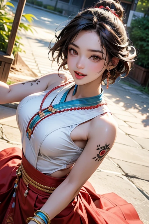 Katara, 1girl, fantasy, highres,  looking_away, looking_to_the_side,  original, realistic,   scenery,  Close-up, upper_body, smiling, action pose,on_bed,