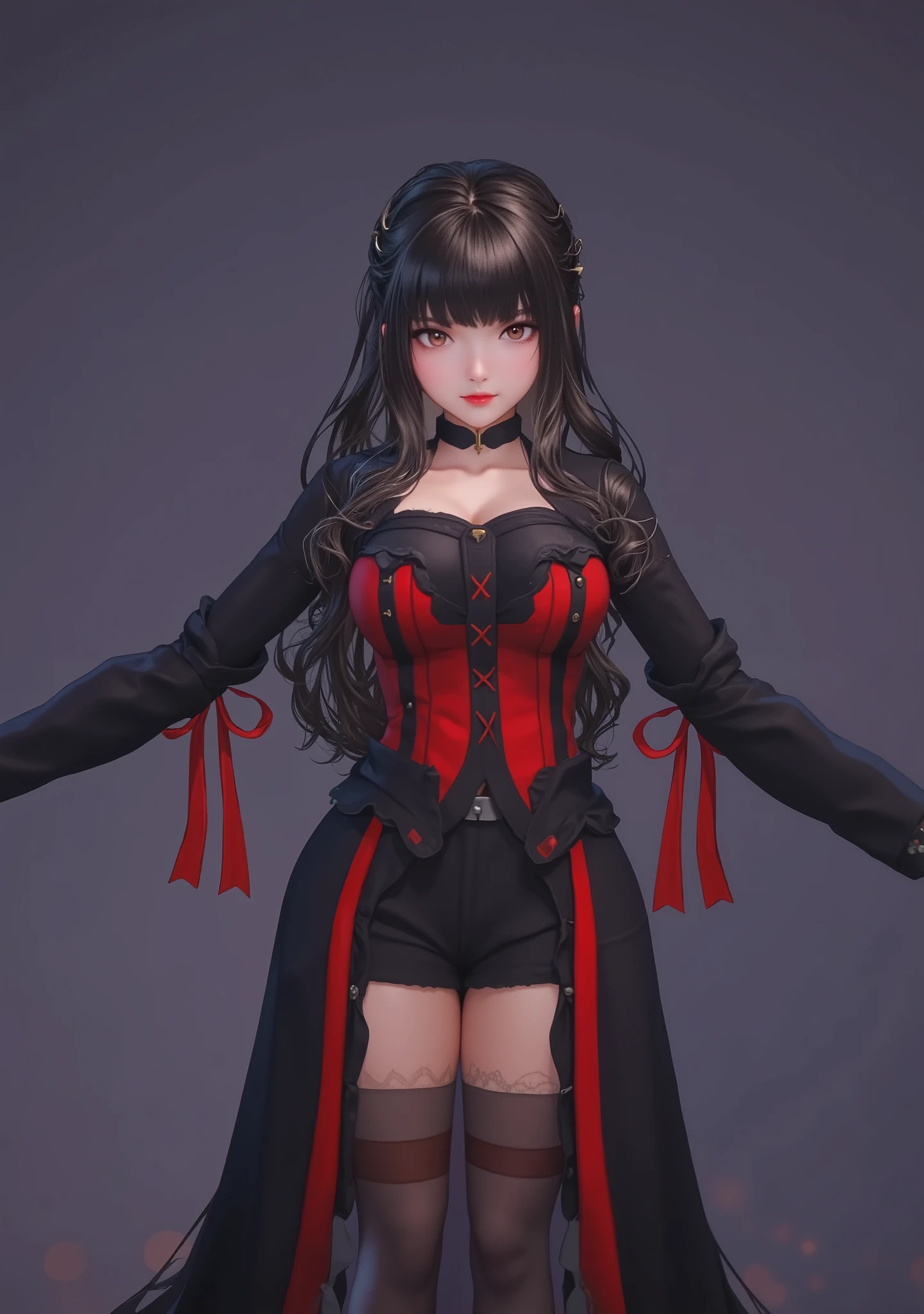 The image showcases a character adorned in a striking and elaborate outfit that blends Gothic and Victorian styles. The attire features a form-fitting corset with alternating black and red panels, accented by intricate lace and ribbon details, with a series of red ribbons tying off the elongated sleeves. This creates a contrast that draws the eye to the sharp lines and curves of the outfit. The skirt is layered and long, opening at the front to reveal black short shorts and intricately designed thigh-high stockings, which contribute to the layered look. Her hair, styled in long, cascading curls, adds a soft, romantic element, complementing the outfit's overall Gothic elegance. The character stands against a muted background, allowing the vibrant red and black hues of the costume to dominate the visual composition, creating an atmosphere of mystery and dramatic flair. The setting and context are not immediately apparent, emphasizing the artistry and design of the fashion.((best quality)), ((masterpiece)), (detailed), 1girl, off-shoulder sweater,