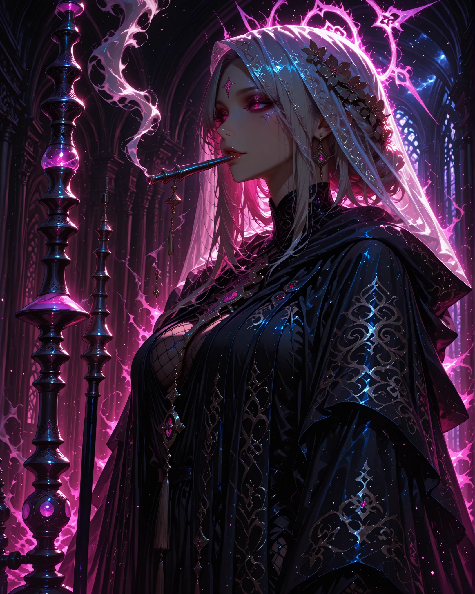 Side angle, (masterpiece, 4K, ultra-detailed, vivid and vibrant colors), {1 woman}: (beautiful and attractive woman with an ethereal, almost divine presence, wearing a dark, flowing robe, tinged with bluish tones reminiscent of outer space — as if the cosmos flowed through it, luminous threads drip from the translucent veil that covers part of her face, her eyes are serene, radiating an ancestral sadness; smoking a hookah, a long, thin object with circles at the tip, holding it close to her mouth while exhaling a translucent bluish smoke with a shimmer, each movement is slow, elegant and melancholic, like a silent prayer; her aura distorts the air around her, and symbols float around her like a whisper of forgotten codes); distorted background like a nightmare, dim lighting