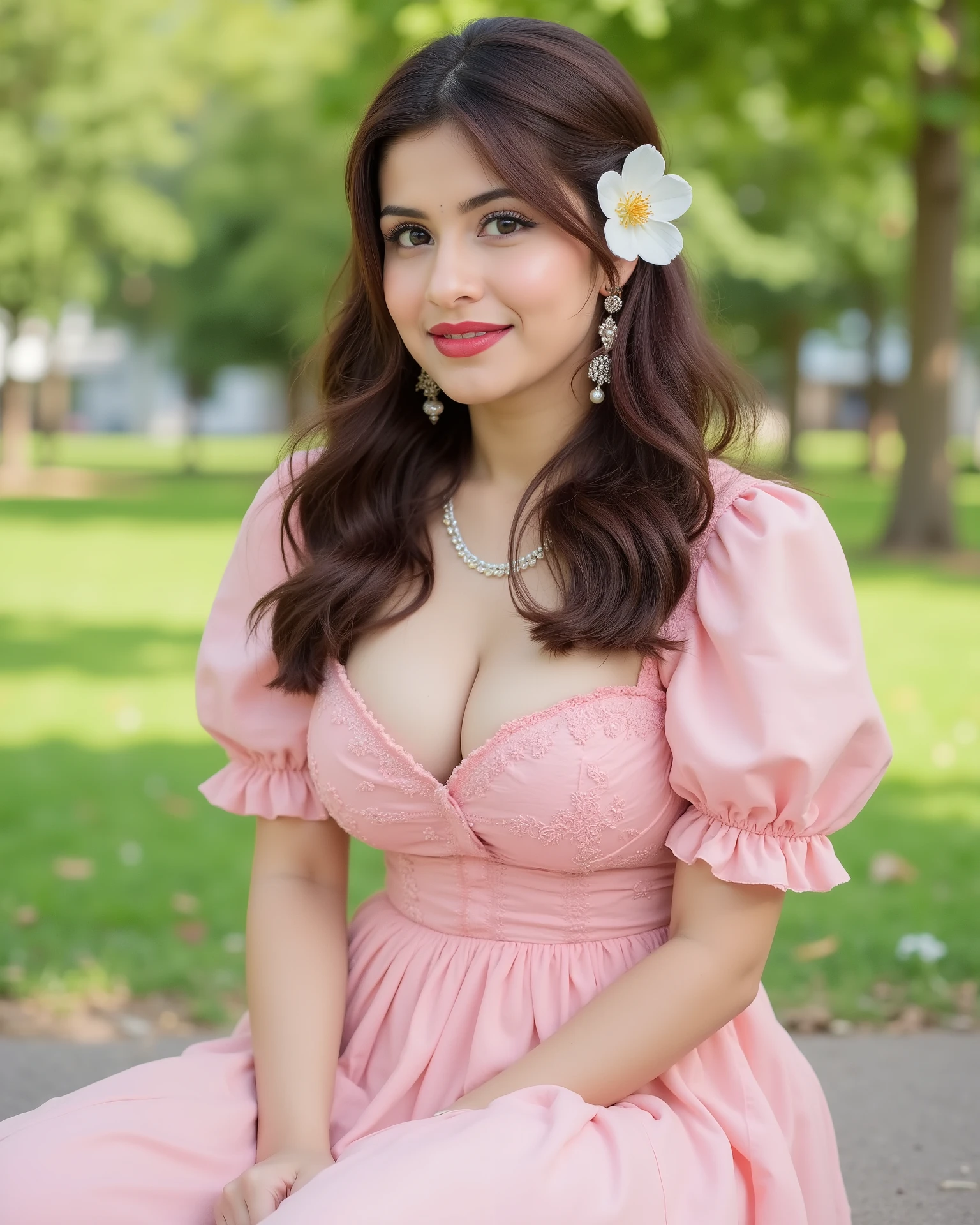Full body image of a 20-years-old Indian girl with smiling look, fair skin tone, light grey eyes, fox eyelashes, thin eyebrows, black eye liner, silver eyeshadow, natural blush, and red lipstick. Her hairs are long, brown, wavy and stylish, adorned with white flower on one side of the head. She is wearing a pink maxi-dress with puff sleeves and sweetheart neckline, a pearl earrings and necklace. She is sitting elegantly on a park ground with her hands on the lap.