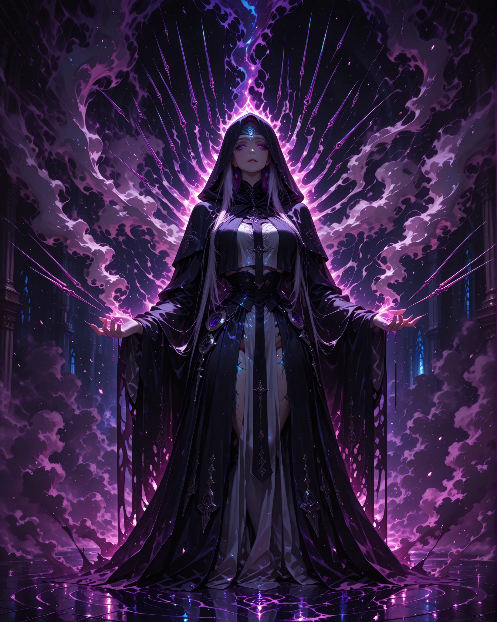 High angle, full body, (masterpiece, 4K, ultra-detailed, vivid and vibrant colors), {1 woman}: (beautiful and attractive woman with an ethereal, almost divine presence, her body enveloped in a fluid, dark cloak, tinged with bluish tones reminiscent of outer space, as if the cosmos flowed through it, luminous threads trickle from the translucent veil that covers part of her face, floating like smoke on water, her eyes are serene, radiating an ancestral sadness, long extensions resembling needles or celestial keys hang from her hands, shining in blue and violet, each movement is slow, elegant and melancholic, like a silent prayer, her aura distorts the air around her and symbols float around her like a whisper of forgotten codes, standing, dynamic pose), distorted background like a nightmare, dim lighting