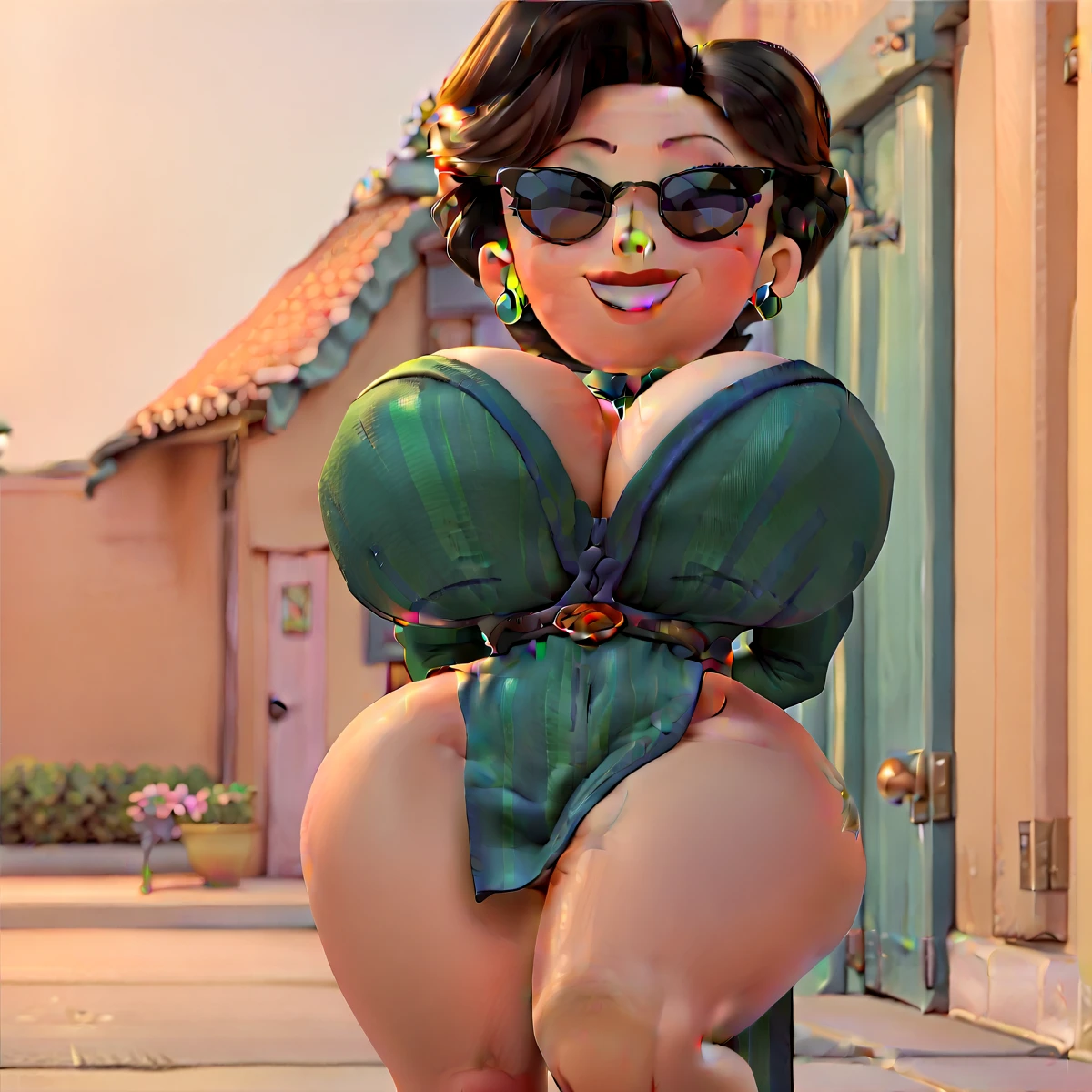 mirabel madrigal, rocner, very beautiful, Colombian features, slim body, Women, , Futanari, huge , , alone, , bright colors, smile, , blushing, huge , huge , , in a brick house, standing , round green glasses