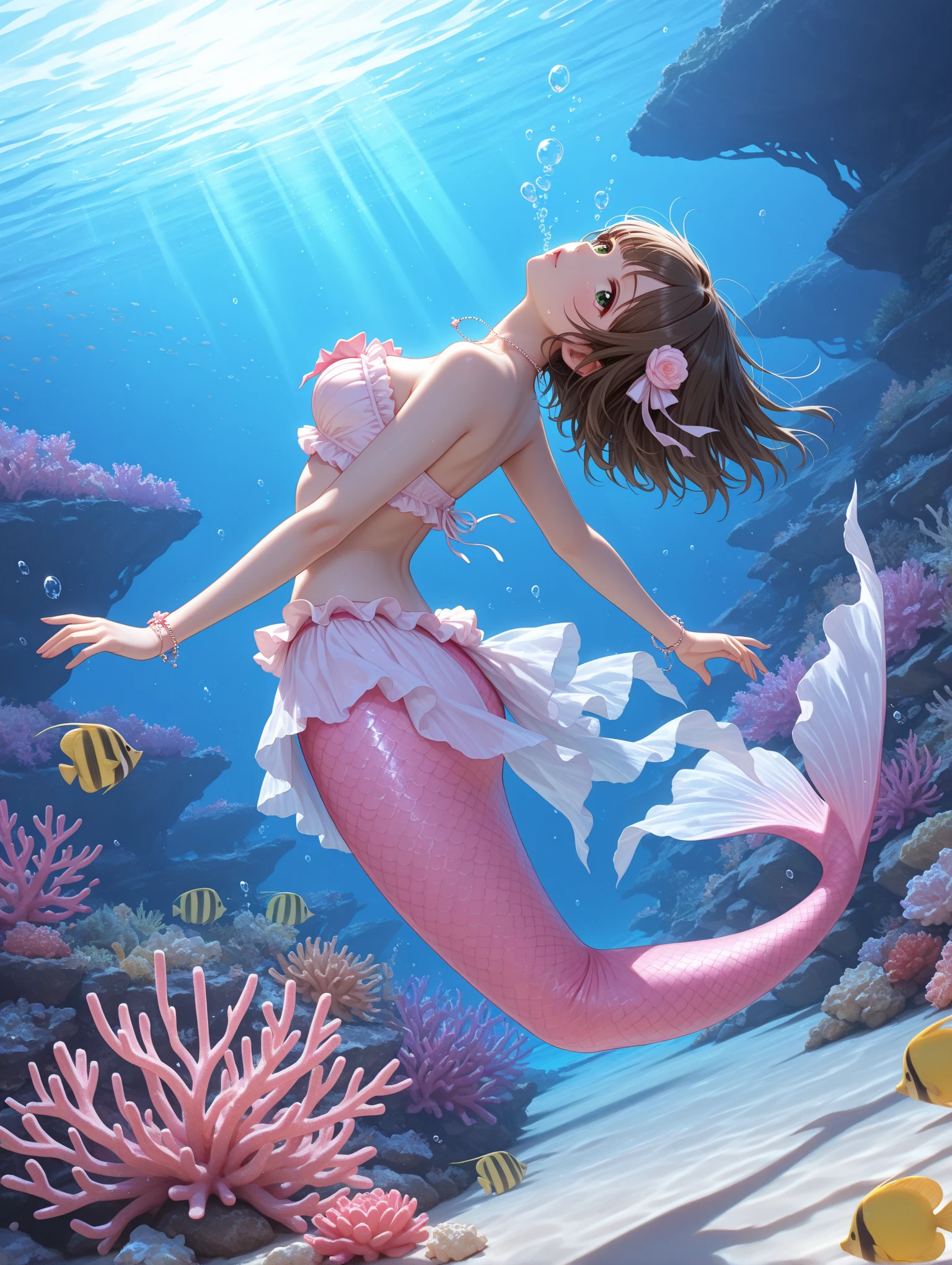 masterpiece, best quality:1.2), 1girl, smile, looking at viewer, green eyes, short brown multicolored hair, mermaid, mermaid girl, wearing purple seashell , laying on belly on beach, colorful mermaid tail, outdoors, head fins, fin ears, under cherry blossoms