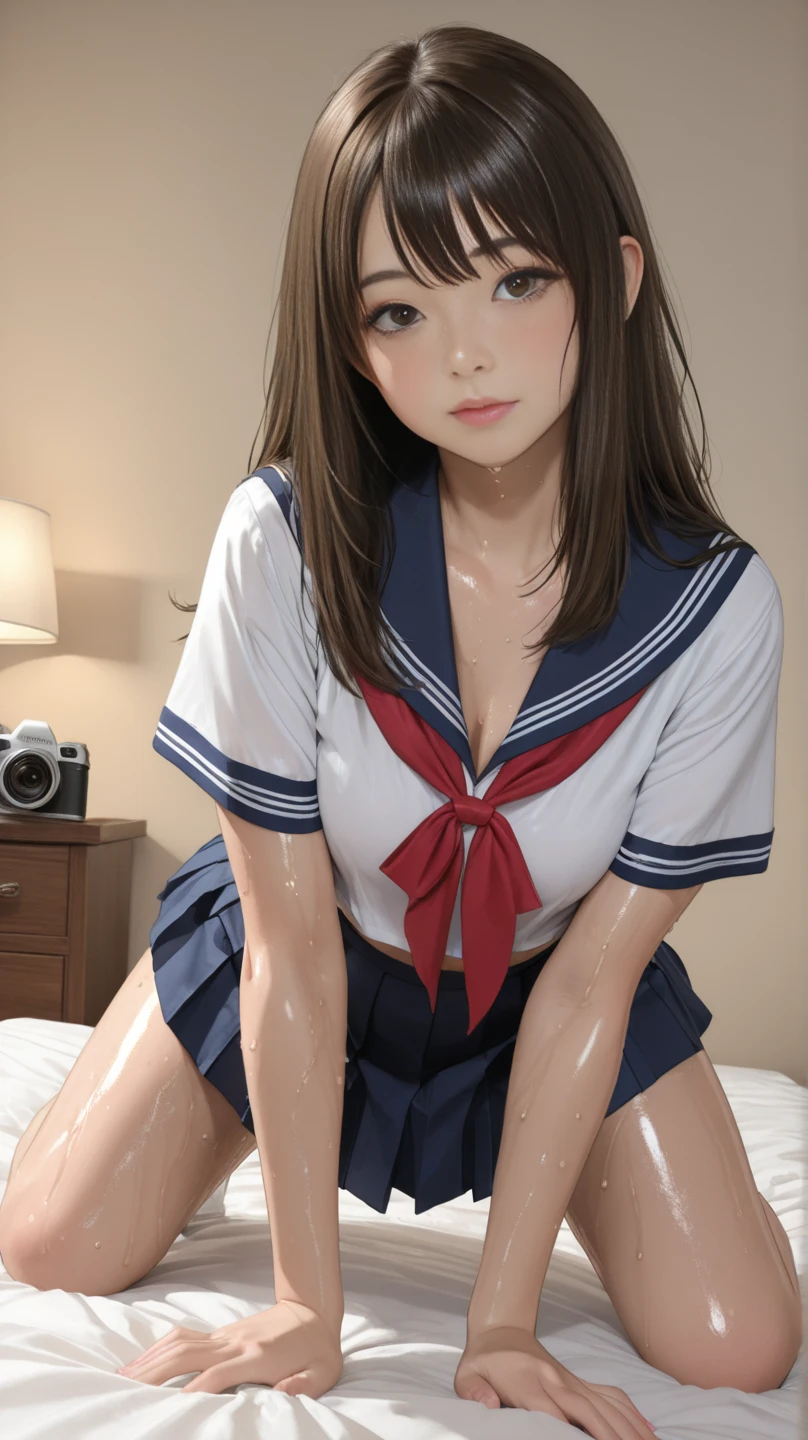 (????:1.5), (masterpiece:1.3), (highest quality:1.4), High resolution, (eye), (Facial feature details), (Details of garment features), solo focus, bangs, snug, (shiny skin), (slender girl), lifelike, (highly detailed illustrations), (in the school classroom, blackboard, window, desk and chair), (slight smile, embarrassed look, look of confusion, look up), (soft ???????, round protrusion in the center of the ??????, small ??????), (black haired, ponytail and ribbon), choker, 1 girl, cute, high school girl, (The ????? is covered with a transparent white sailor suit, dark blue pleated mini skirt), (Black knee-high socks that cover from calf to toe, student loafers), (Lying. ???????????, Straight neck with back and ????), ((Squatting in a transparent puddle on a desk, Spread your legs and look at the puddle, There is a clear puddle with a diameter of 45 cm below the waist.)), A person appears on the screen, correct amount of limbs, maintain posture with hands, from below, ????? comes out, ??????, (spread your ?????:1.2), tentacle, (????? by tentacle:1.4), (restraint:1.2), spread your legs, (??????? with tentacle inserted:1.4), ????????