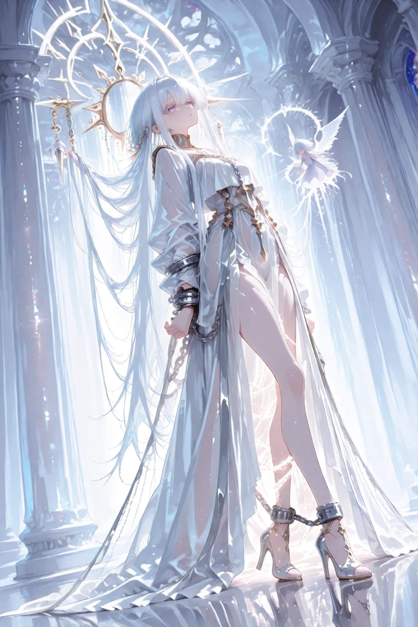 aria,white hair, white eyelashes, a translucent robe, high heels, eyes full of life, dreamy atmosphire, ((A maiden bound by white, shining chains descending from the heavens: 1.4, white chains. )) The chains emit an ethereal glow, Mist swirls, melancholy,