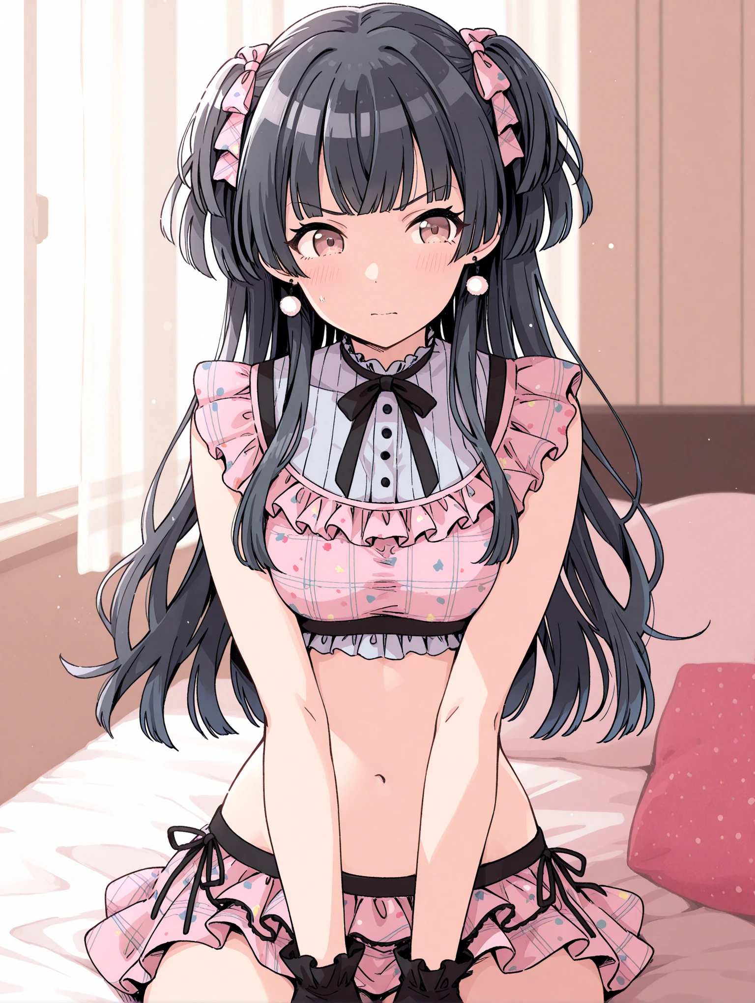 Hands Behind Back,Tied with hands behind back,from front,front view,looking at viewer, looking ahead,from above,cowboy shot,1girl,Beautiful 11 year old girl,Japanese,Slender,,low length,Small breasts,Thin legs,Small Ass,Baby Face,Small face,Black Hair,Row Twin Tails,Short Twin Tails,Gray Eyes,puffy eyes,middle School girls,Sheer black and pink negligee,Sexy Lingerie,open mouth,tongue out,front face,Kneeling,Straight Stand,Beautiful and detailed anime art,Anxious expression,Sexy vibe,cum on tongue,Dimly lit room,On the bed,Simple Background,Gray background,Low lighting,
