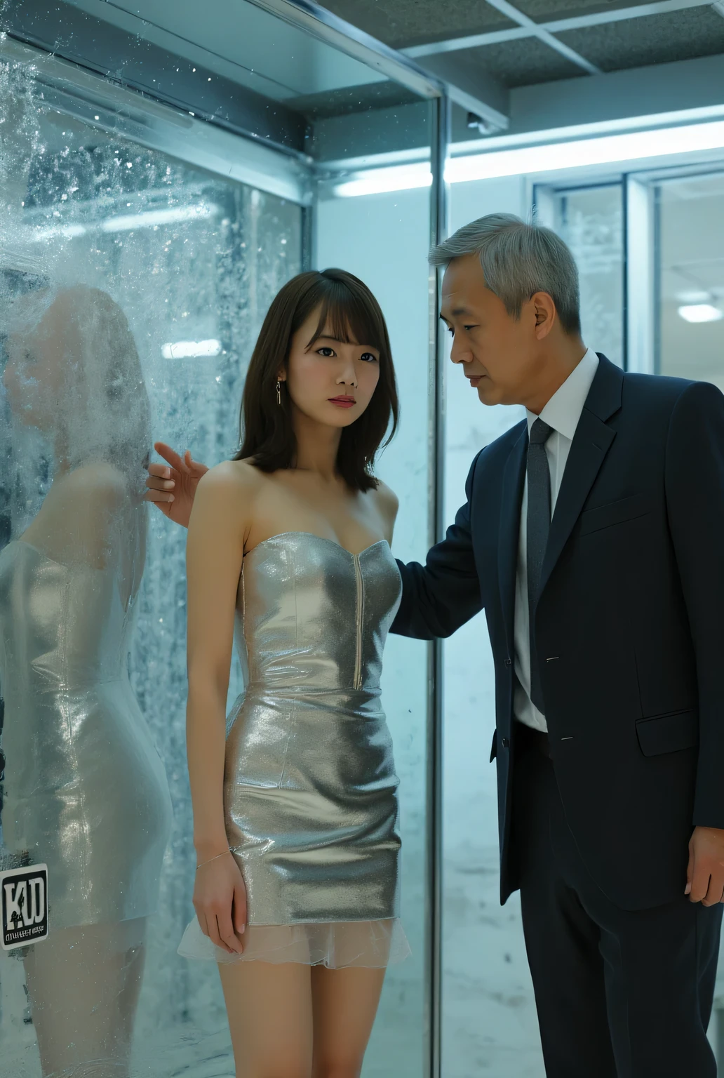 , 8ｋ、realistic, top quality , very detailed , Retailer  、 1 Japanese woman in her 20s  、 Women in , silvery mini dresses with a hollow expression are treated as cute products 、 A young woman with a hollow expression wearing a black collar is in the box 、 has no expression 、 Stylish、 shopping、  price card  、 Bright and sparkling interior 、 A middle-aged man in a suit is choosing a woman、black hair long straight hair、full body shot