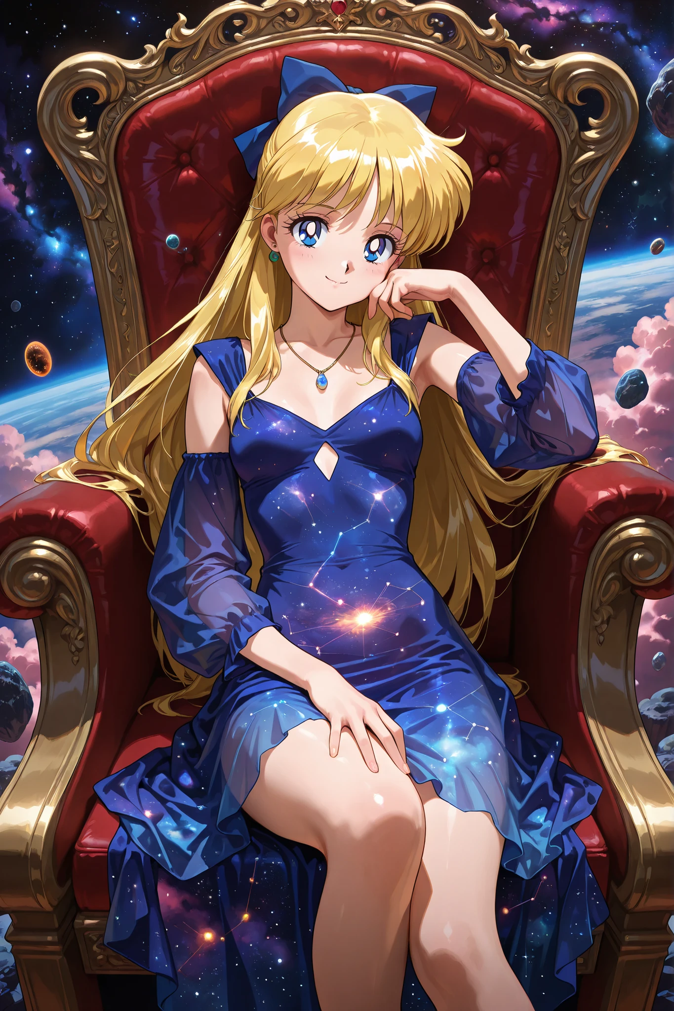 masterpiece, amazing quality, best quality, ultra-detailed, 8K, illustration, ultra-detailed-eyes, soft skin, very awa, very as2, soft body, 1990s \(style\), official art, minako aino, blonde hair, blue eyes, hair bow, half updo, long hair, small breasts, in space, cosmic background, constellations, nebula clouds, on floating rock, throne, hair ornament, necklace, earrings, translucent dress, detached sleeves, confidant smile, looking at viewer, on back, hand on leg, hand on cheek,