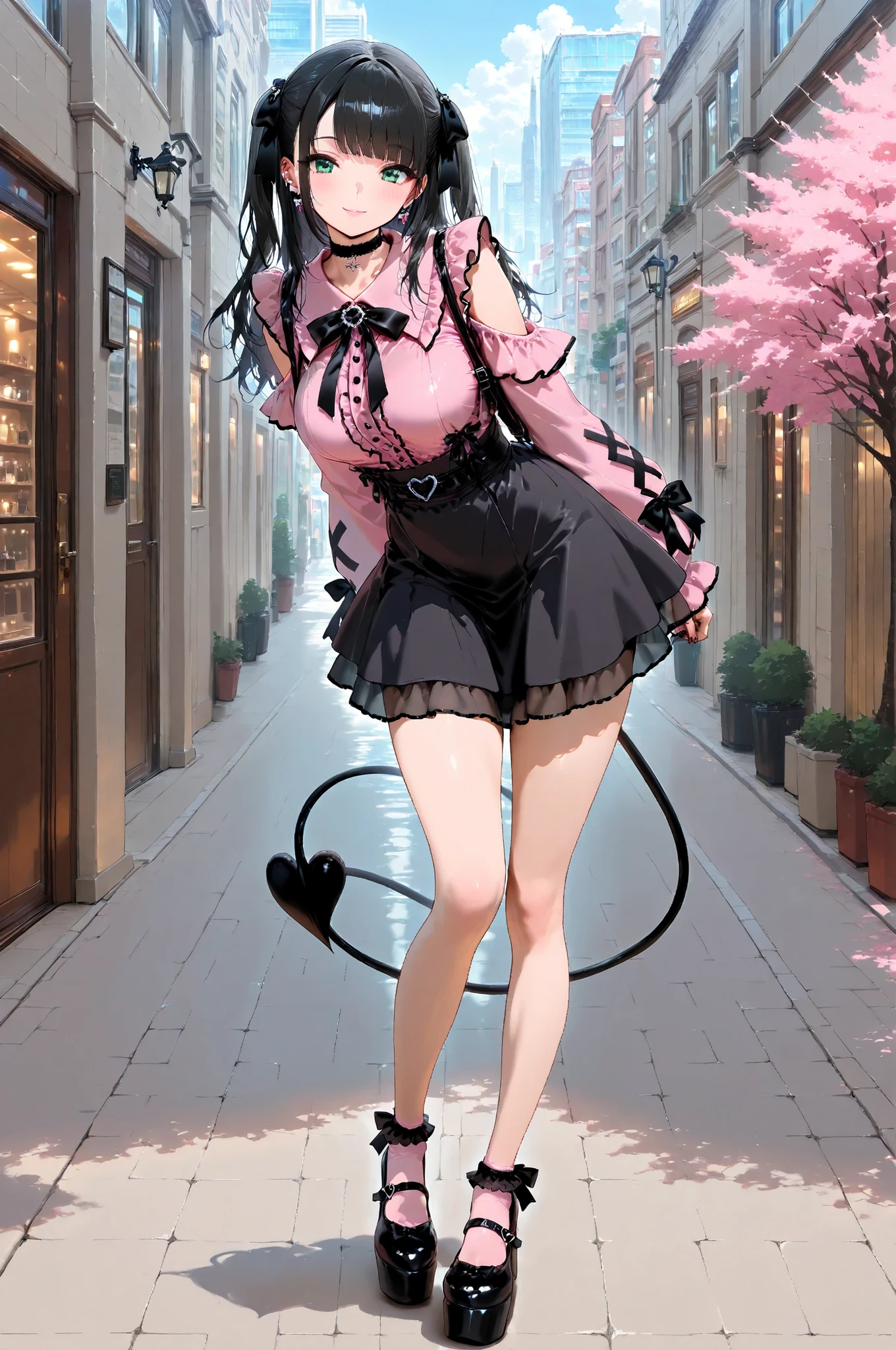 ((inspired by )),,(masterpiece, best quality),beautiful, beautiful-woman, ((detailed face)).(full body:1.3).,
,
1-woman.
(The woman is wearing jirai-kei fashion),pink frilled shirt with short puff sleeves, black neck ribbon,and high waist skirt with black frilled lace-socks ,(platform footwear). ,((jirai kei)), pink shirt, black skirt, twin-tail, ((frilled lace-socks:1.2)),
