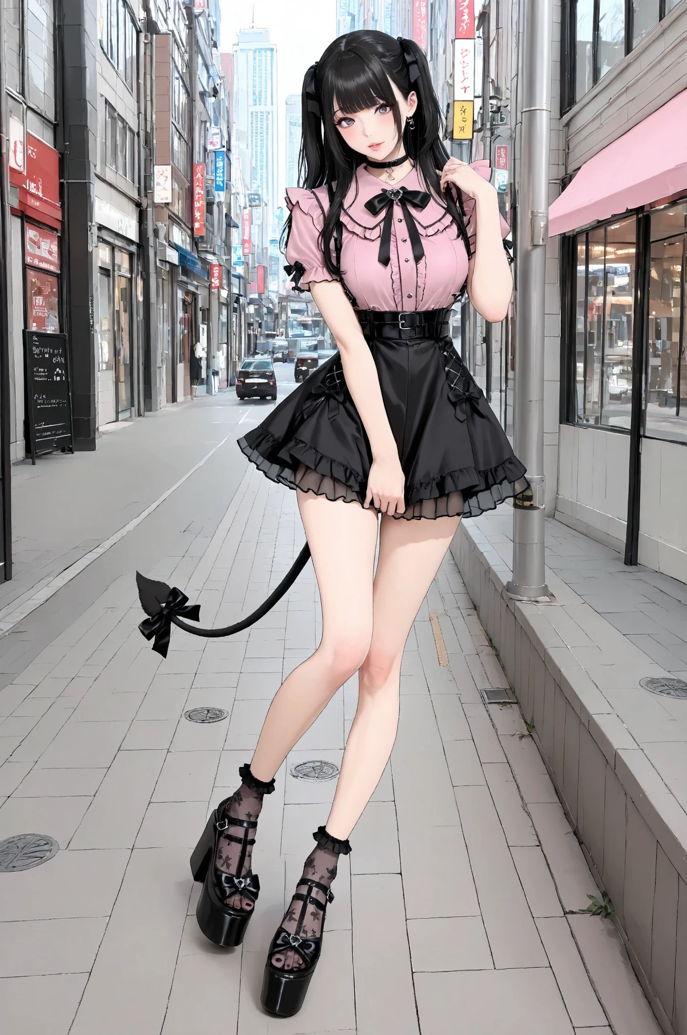 ((inspired by )),,(masterpiece, best quality),beautiful, beautiful-woman, ((detailed face)).(full body:1.3).,
,
1-woman.
(The woman is wearing jirai-kei fashion),pink frilled shirt with short puff sleeves, black neck ribbon,and high waist skirt with black frilled lace-socks ,(platform footwear). ,((jirai kei)), pink shirt, black skirt, twin-tail, ((frilled lace-socks:1.2)),