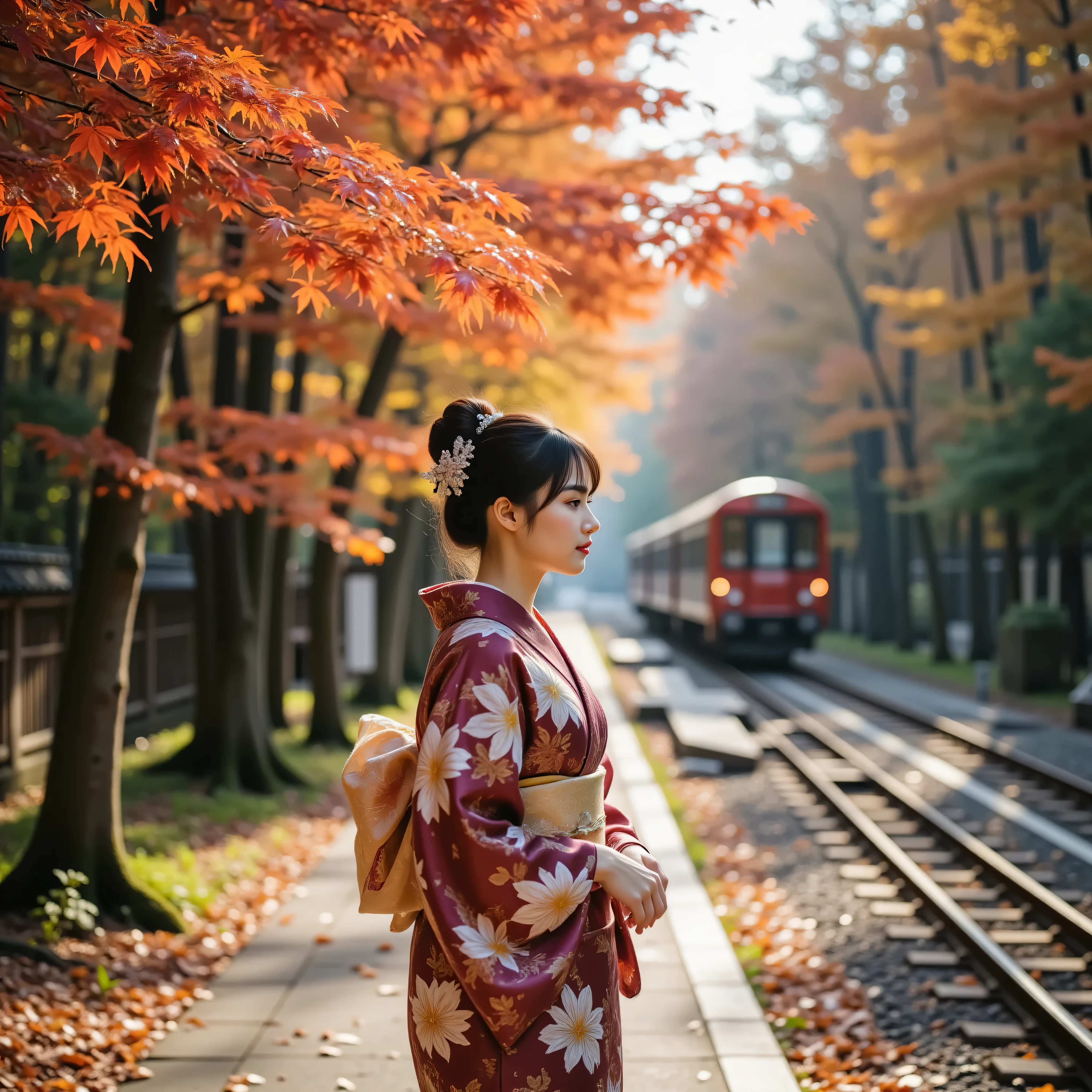 A young beautiful woman wearing a gorgeous kimono with muted deep crimson and gold tones and delicately embroidered autumn leaves. Her black hair is elegantly tied up, and a hairpin with a maple leaf pattern sparkles. On a crisp autumn afternoon, the red and orange maple leaves dance in the breeze, and soft sunlight filters through the gaps in the leaves, illuminating the woman's profile.
She walks slowly along a quiet forest path, fallen leaves softly piling up at her feet. As the hem of her kimono gently rustles the leaves, she blends into the scenery as if they were part of the landscape.
A retro-style train runs slowly in the background, the railroad tracks adding depth to the story. The distant sound of the train adds a nostalgic, narrative atmosphere.
The film-like, cinematic composition, shallow depth of field, soft bokeh, and natural light create warm, dreamy colors.
The woman's expression is calm, with a slightly pensive, fleeting gaze.
This emotional scene combines the elegance of Japanese culture with the beauty of autumn leaves and the hues of an autumn journey.