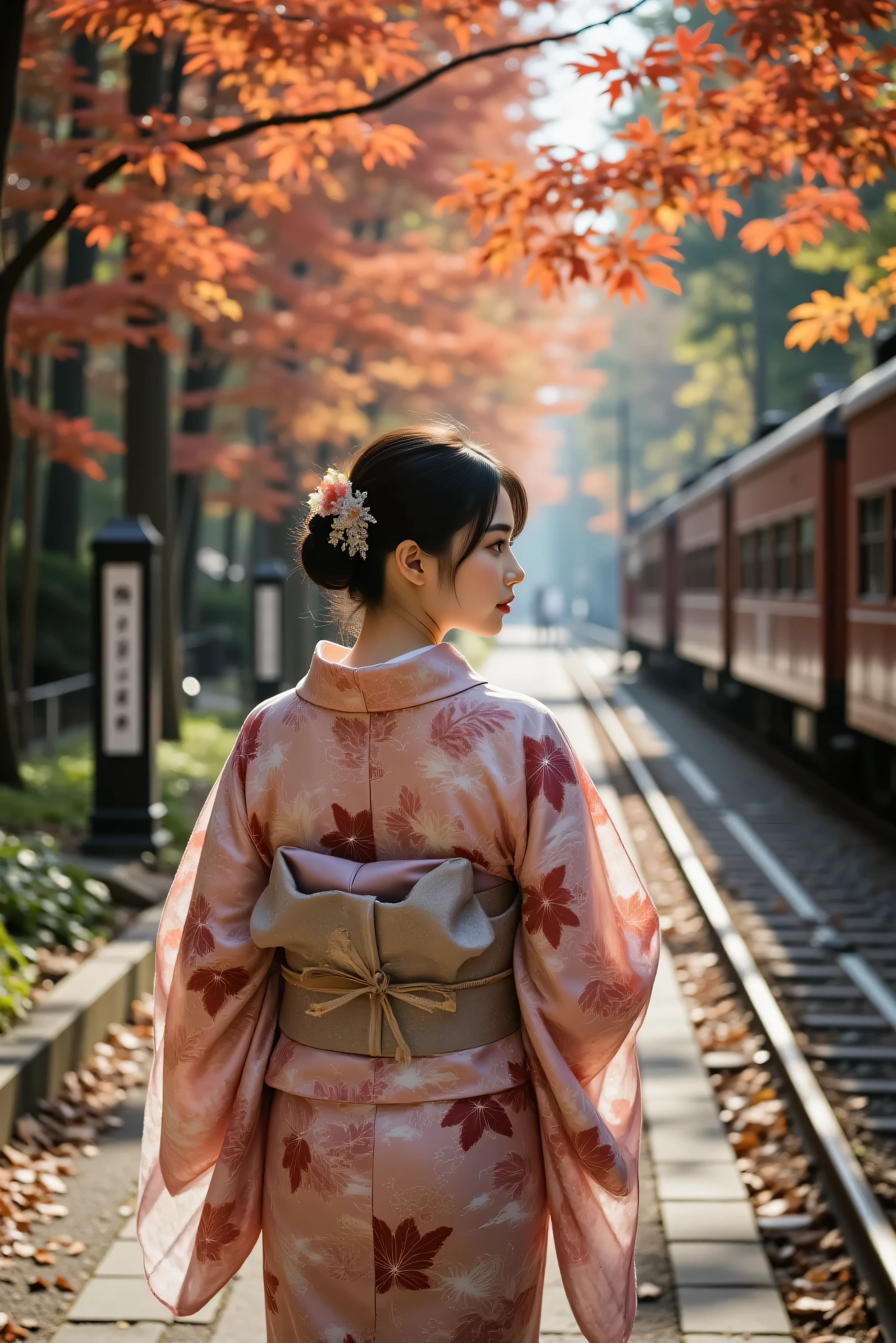 A young beautiful woman wearing a gorgeous kimono with muted deep crimson and gold tones and delicately embroidered autumn leaves. Her black hair is elegantly tied up, and a hairpin with a maple leaf pattern sparkles. On a crisp autumn afternoon, the red and orange maple leaves dance in the breeze, and soft sunlight filters through the gaps in the leaves, illuminating the woman's profile.
She walks slowly along a quiet forest path, fallen leaves softly piling up at her feet. As the hem of her kimono gently rustles the leaves, she blends into the scenery as if they were part of the landscape.
A retro-style train runs slowly in the background, the railroad tracks adding depth to the story. The distant sound of the train adds a nostalgic, narrative atmosphere.
The film-like, cinematic composition, shallow depth of field, soft bokeh, and natural light create warm, dreamy colors.
The woman's expression is calm, with a slightly pensive, fleeting gaze.
This emotional scene combines the elegance of Japanese culture with the beauty of autumn leaves and the hues of an autumn journey.