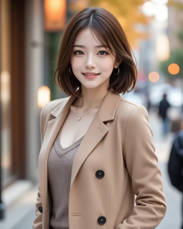 (Raw photo:1.2), (realistic:1.4),beautiful detailed woman,非常にfine eyesと顔, fine eyes, Super detailed,High resolution, very detailed,highest quality,enlightenment,unified,8k wallpaper,masterpiece,highest quality,1 female,alone,rich,Full body Esbian,（standard body shape：1.1）、（D cup ：1.1）,（toned body shape）,There'leg meat,slim waist,alone,（Wearing a coat:1.6）、（Beige knitted dresses：1.4）、（pantyhose：1.2）、（Knee-high boots：1.4）,jewelry necklace short hair,gentle smile,dignified atmosphere,black eye,realistic,Hibiya Park , (morning park:1.2)、（standing with arms outstretched：1.4）、（Commuting scene:1.5)