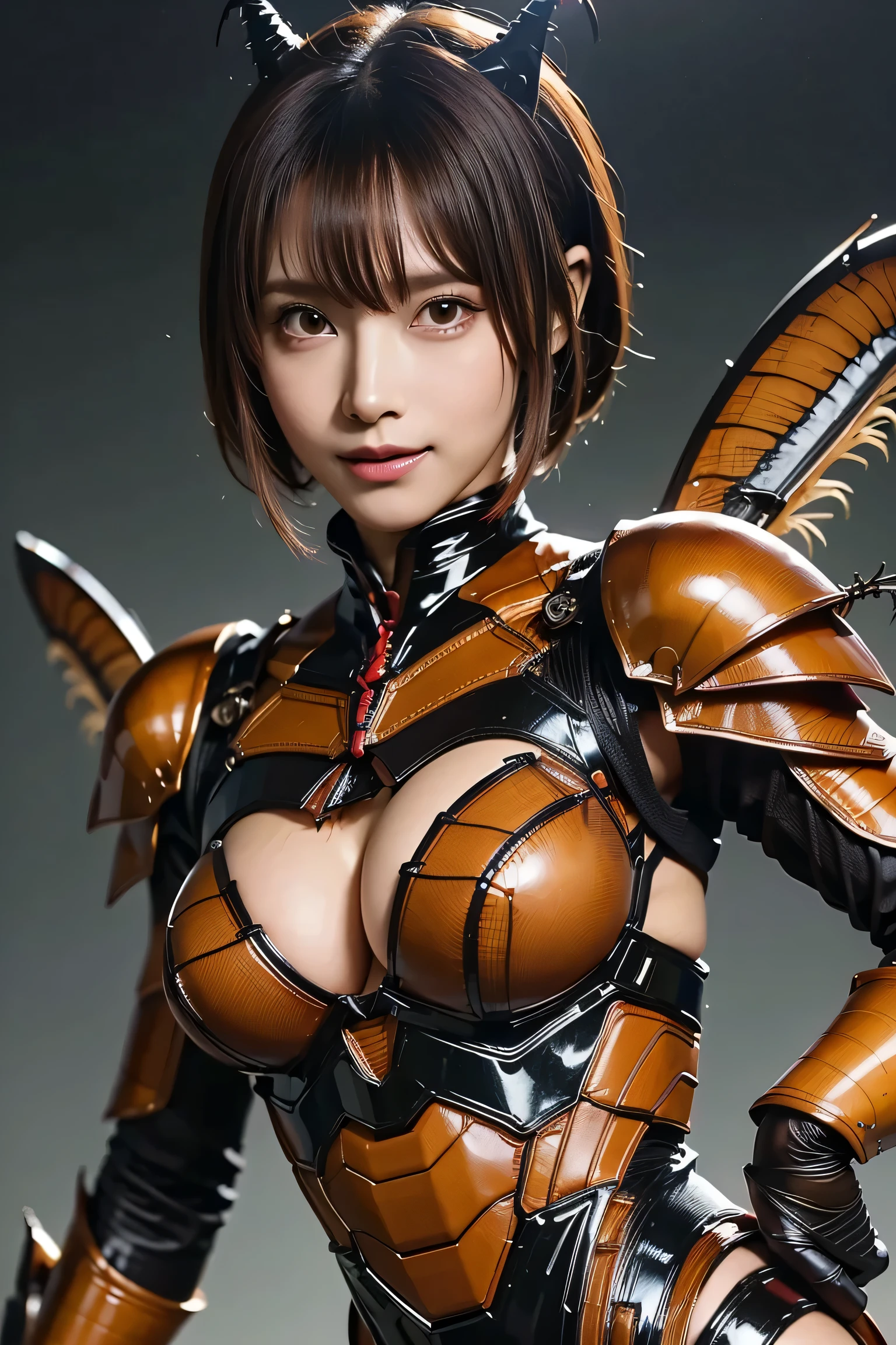 masterpiece、 best quality、 high resolution、 more details、Super Shiny、Oily luster、ゴキブリと女性のFusion、 female cockroach morphology 、Cockroach woman 、Fusion、Operation Alone、 gals、 Perfect Female Ratio 、 evil smile、 cute、Cockroach Antennae 、ゴキブリと外骨格スーツのFusion、 dark mahogany skin 、Short Hair、Crustaceans、 arthropod 、 enemy hideout background 、 evil organization style background