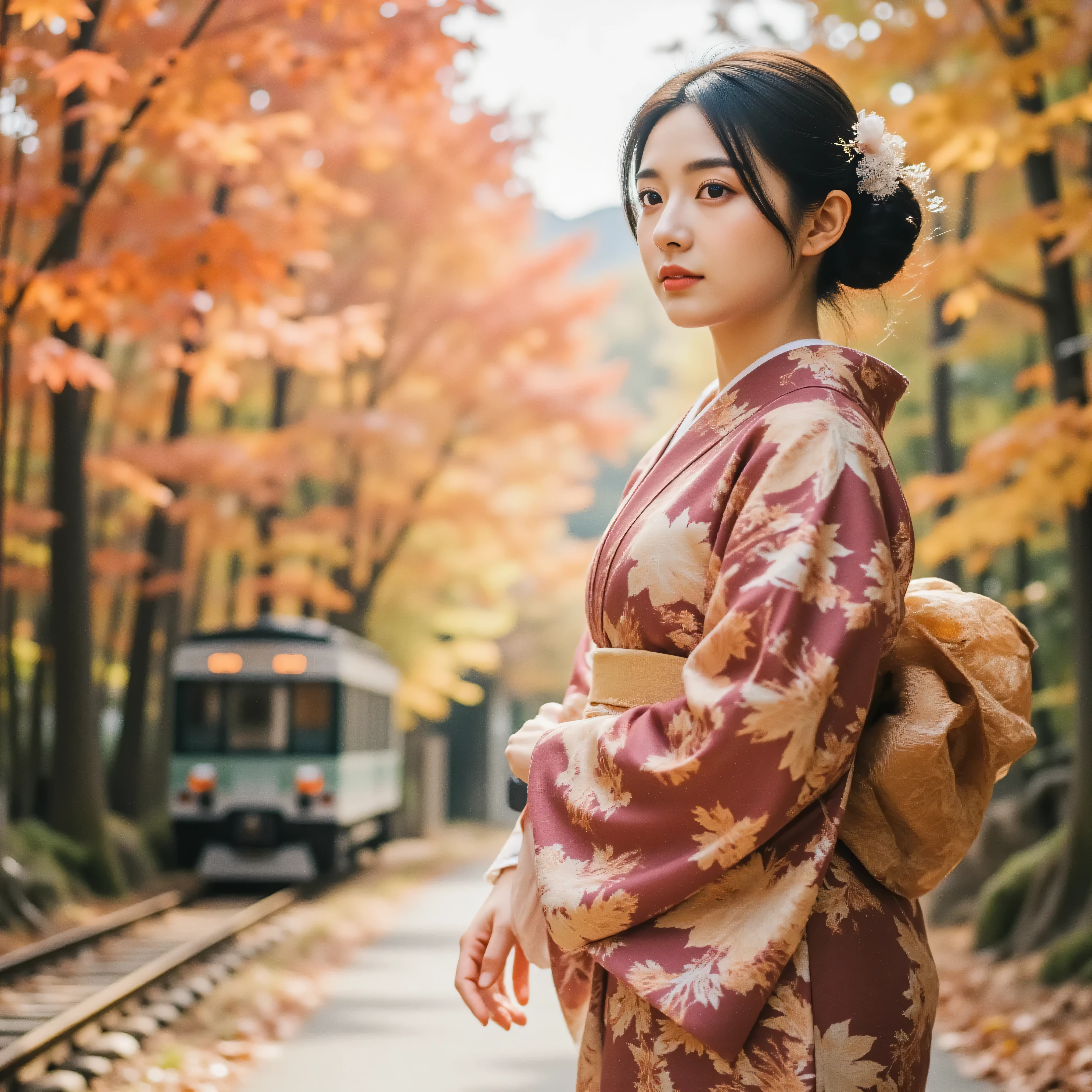 A young beautiful woman wearing a gorgeous kimono with muted deep crimson and gold tones and delicately embroidered autumn leaves. Her black hair is elegantly tied up, and a hairpin with a maple leaf pattern sparkles. On a crisp autumn afternoon, the red and orange maple leaves dance in the breeze, and soft sunlight filters through the gaps in the leaves, illuminating the woman's profile.
She walks slowly along a quiet forest path, fallen leaves softly piling up at her feet. As the hem of her kimono gently rustles the leaves, she blends into the scenery as if they were part of the landscape.
A retro-style train runs slowly in the background, the railroad tracks adding depth to the story. The distant sound of the train adds a nostalgic, narrative atmosphere.
The film-like, cinematic composition, shallow depth of field, soft bokeh, and natural light create warm, dreamy colors.
The woman's expression is calm, with a slightly pensive, fleeting gaze.
This emotional scene combines the elegance of Japanese culture with the beauty of autumn leaves and the hues of an autumn journey.