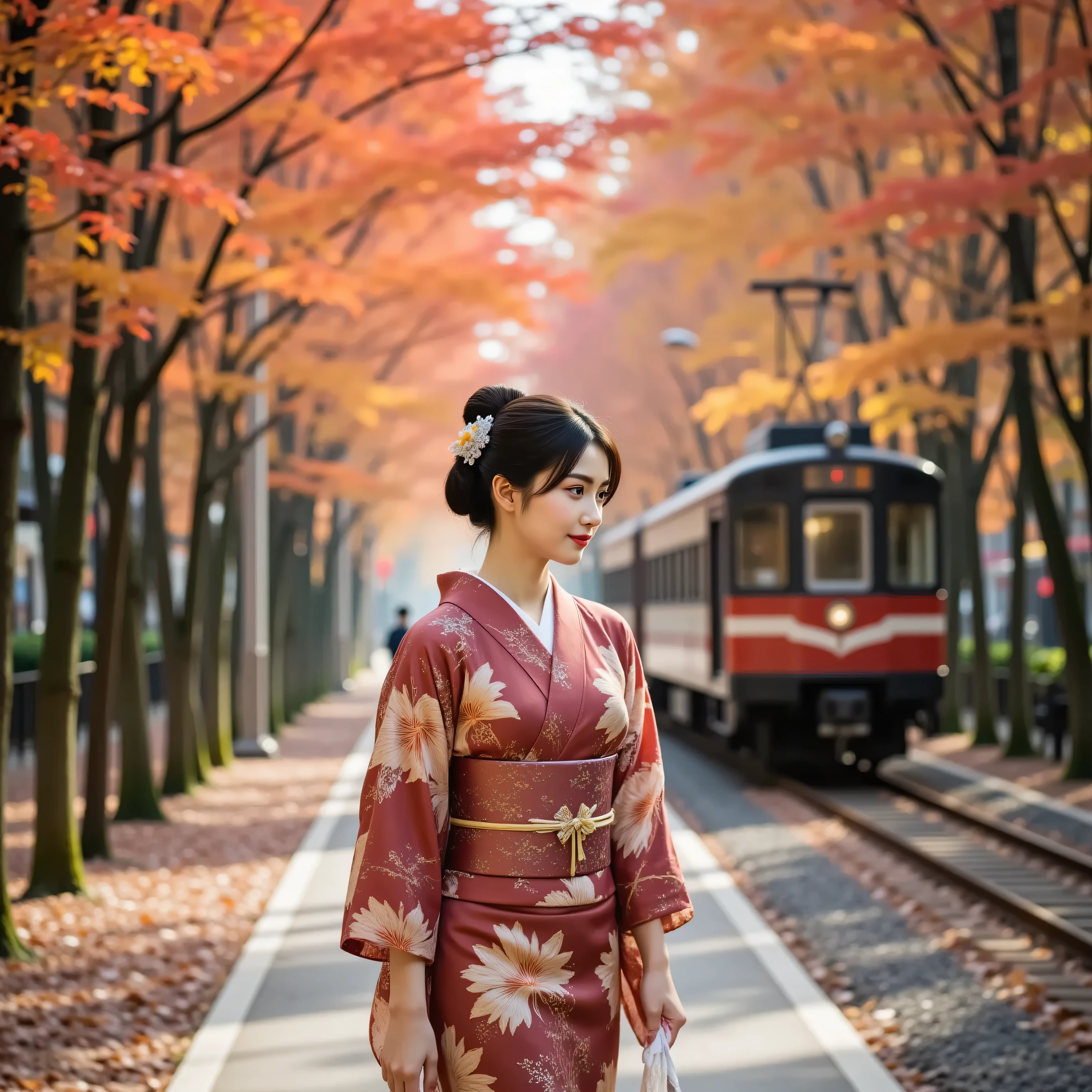 A young beautiful woman wearing a gorgeous kimono with muted deep crimson and gold tones and delicately embroidered autumn leaves. Her black hair is elegantly tied up, and a hairpin with a maple leaf pattern sparkles. On a crisp autumn afternoon, the red and orange maple leaves dance in the breeze, and soft sunlight filters through the gaps in the leaves, illuminating the woman's profile.
She walks slowly along a quiet forest path, fallen leaves softly piling up at her feet. As the hem of her kimono gently rustles the leaves, she blends into the scenery as if they were part of the landscape.
A retro-style train runs slowly in the background, the railroad tracks adding depth to the story. The distant sound of the train adds a nostalgic, narrative atmosphere.
The film-like, cinematic composition, shallow depth of field, soft bokeh, and natural light create warm, dreamy colors.
The woman's expression is calm, with a slightly pensive, fleeting gaze.
This emotional scene combines the elegance of Japanese culture with the beauty of autumn leaves and the hues of an autumn journey.