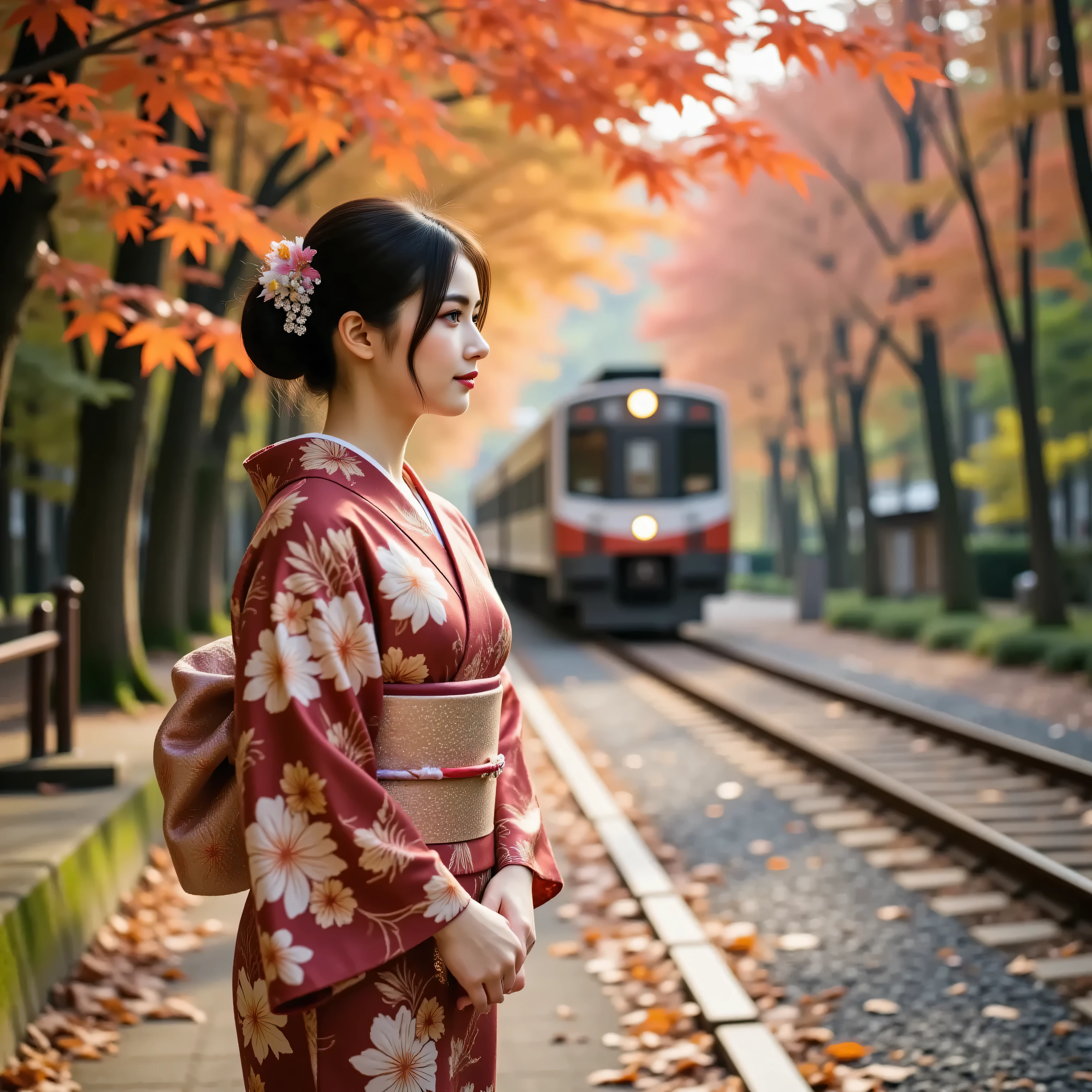 A young beautiful woman wearing a gorgeous kimono with muted deep crimson and gold tones and delicately embroidered autumn leaves. Her black hair is elegantly tied up, and a hairpin with a maple leaf pattern sparkles. On a crisp autumn afternoon, the red and orange maple leaves dance in the breeze, and soft sunlight filters through the gaps in the leaves, illuminating the woman's profile.
She walks slowly along a quiet forest path, fallen leaves softly piling up at her feet. As the hem of her kimono gently rustles the leaves, she blends into the scenery as if they were part of the landscape.
A retro-style train runs slowly in the background, the railroad tracks adding depth to the story. The distant sound of the train adds a nostalgic, narrative atmosphere.
The film-like, cinematic composition, shallow depth of field, soft bokeh, and natural light create warm, dreamy colors.
The woman's expression is calm, with a slightly pensive, fleeting gaze.
This emotional scene combines the elegance of Japanese culture with the beauty of autumn leaves and the hues of an autumn journey.