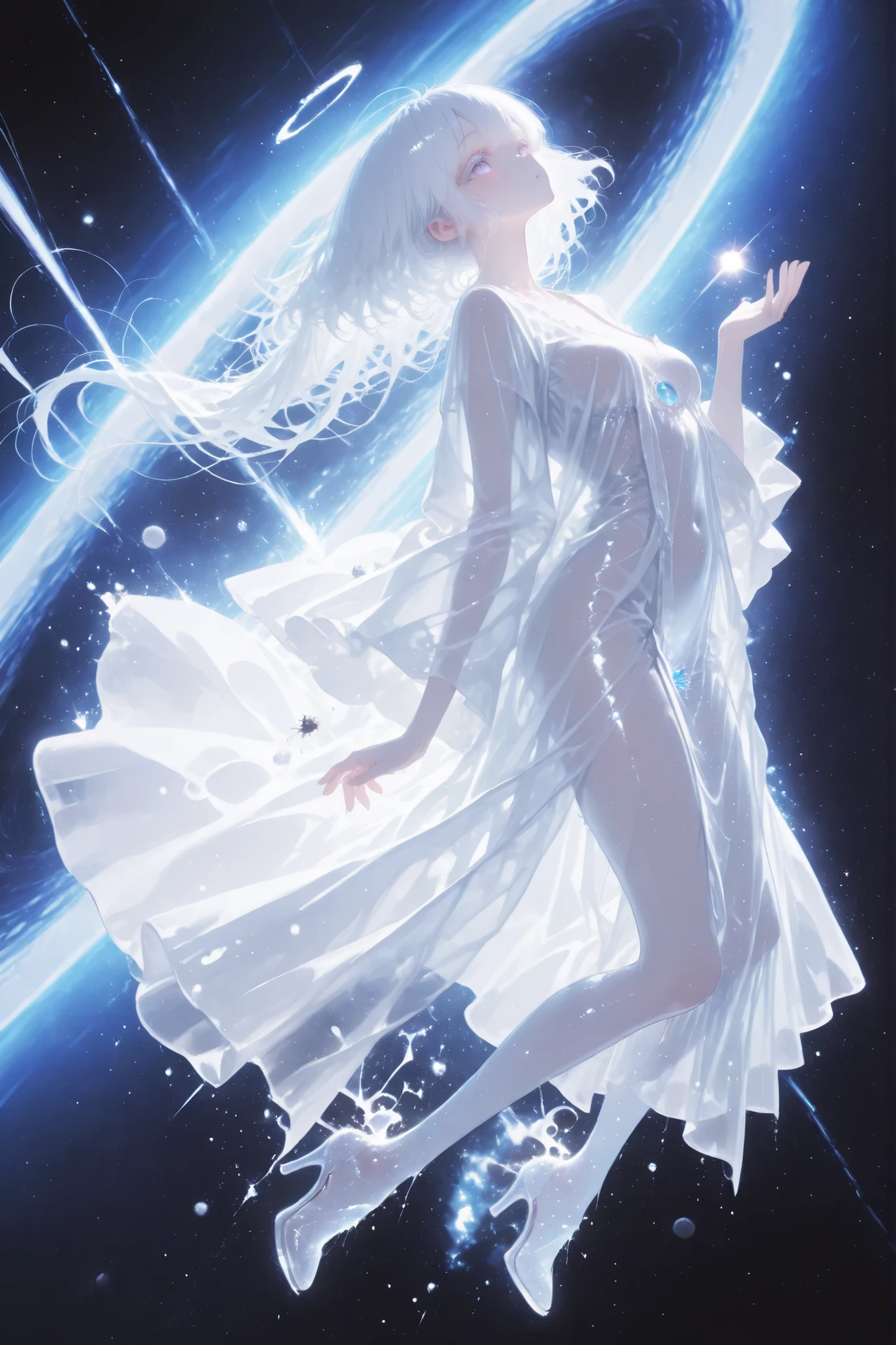 aria,white hair, white eyelashes, a translucent robe, high heels, eyes full of life, dreamy atmosphire, ((A girl drifts through space. )) Mist swirls, melancholy,

