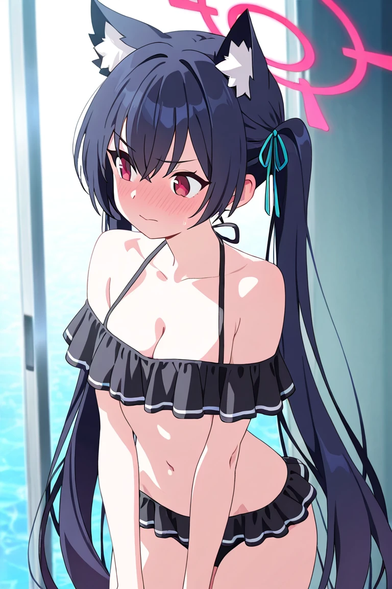 best quality, amazing quality, very aesthetic, absurdres, (1girl, aris, blue archive, solo, blue eyes), (realistic face:0.9),(string :1.8), (grin, blush, thigh:1.3), (cowboy shot), (glowing eyes), (half closed eyes:0.9), (), (official art:1.3), (pool), expressive eyes, perfect face, extremely detailed eyes, perfect , smooth skin, (black background:1.5), clear eyes, beautiful face, small , (anime style:1.7), (Warm Light:1.5), (highres:2), (Chiaroscuro),
