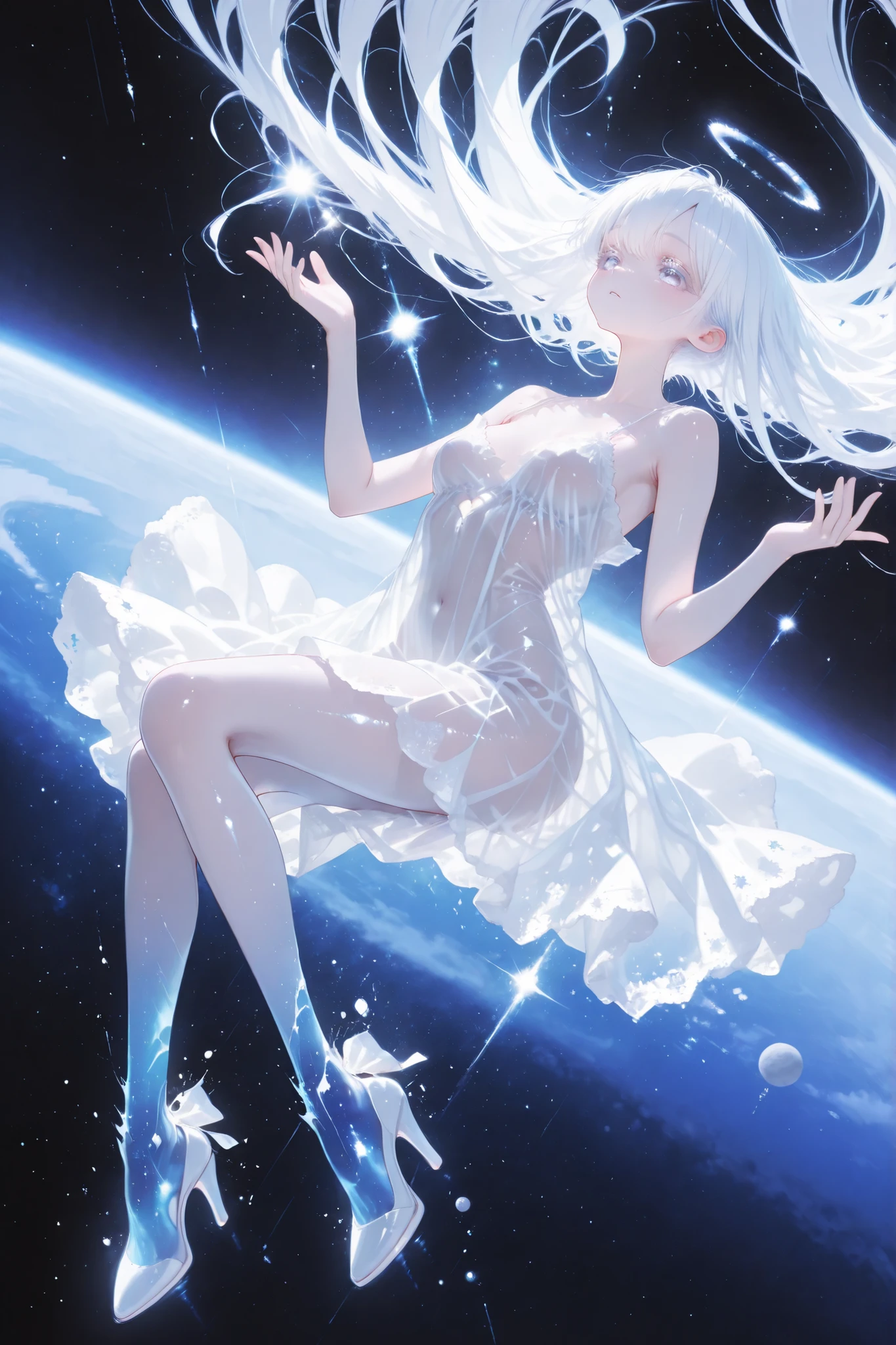aria,white hair, white eyelashes, see through clothing, high heels, dreamy atmosphire, ((A girl drifts through space. ))  Mist swirls,
