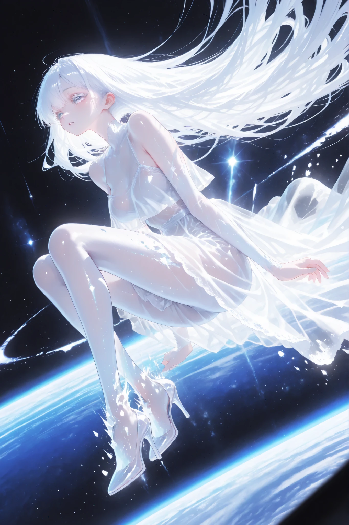 aria,white hair, white eyelashes, see through clothing, high heels, dreamy atmosphire, ((A girl drifts through space. )) Mist swirls,