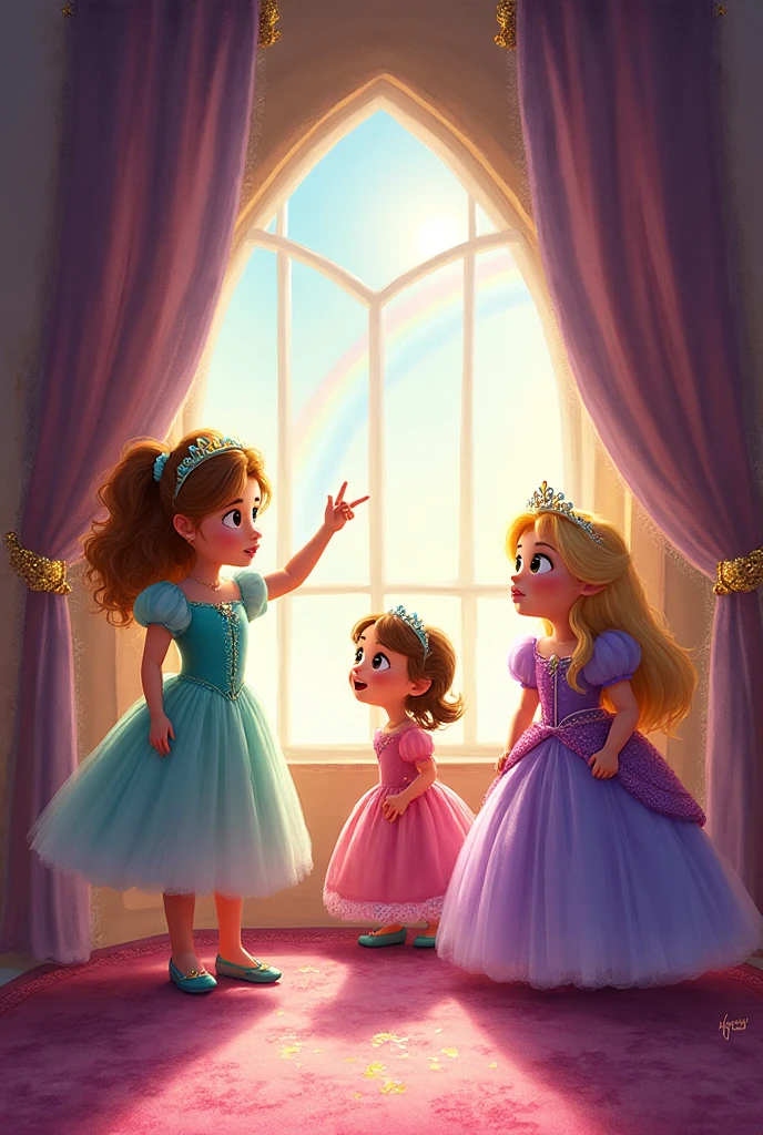 Make a poster with the theme of the Disney Chanel princesses and you can see the princesses and there is an apple , a glass slipper like Cinderella's and a crown