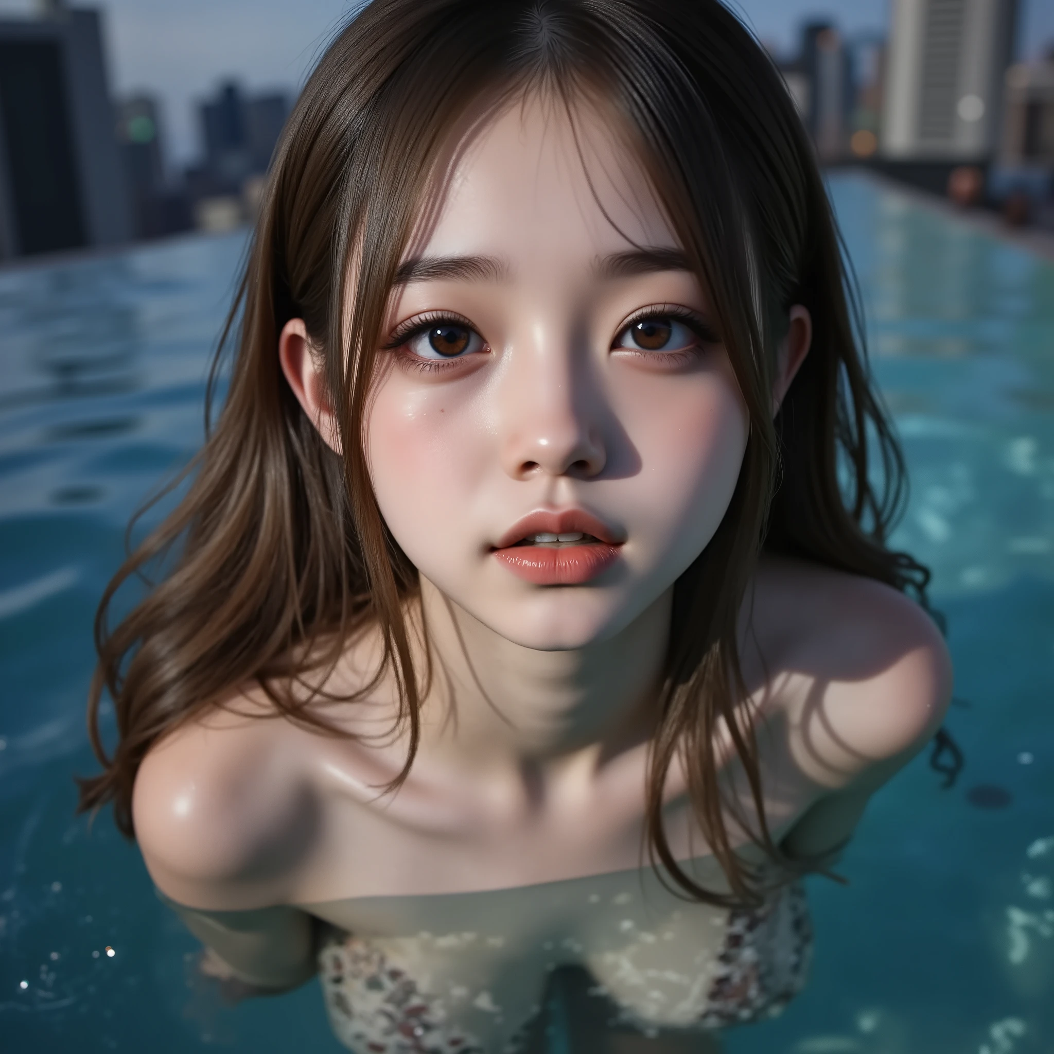 ExtremelyDetailed Beautiful Innocent girl in a masturbation position in a Infinity Pool on top of Skyscraper, at Golden hour to Dusk, Underwear shot with SuperWide lens, Haunting Beautiful Reflective Eyes, Coming Top of Ecstasy .. ExtremeAngle. her hair flowing with the currents, as small air bubbles rise towards the surface.