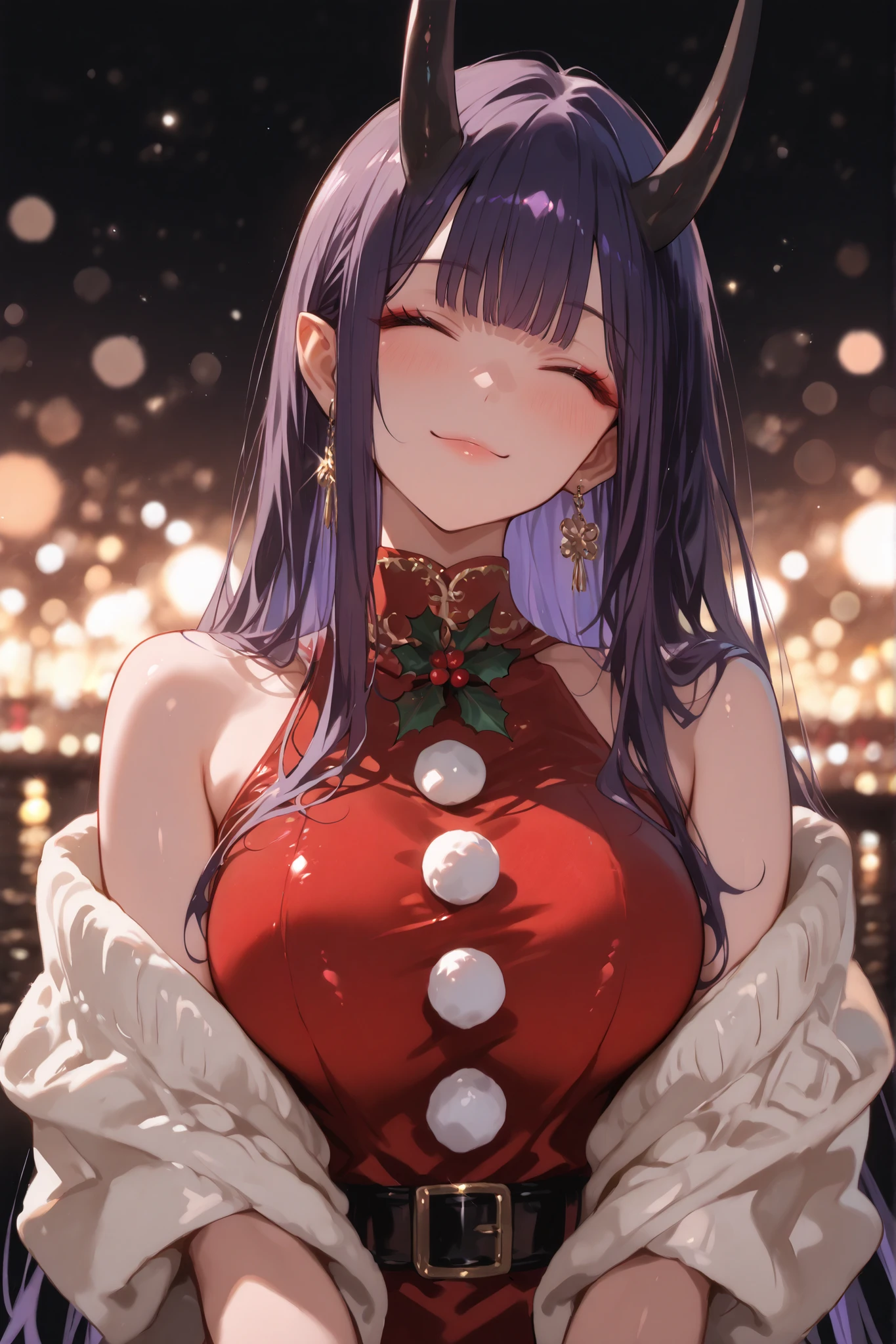 masterpiece, high quality, ultra detailed, super high resolution, bokeh,
1girl, solo, mishoujo, tall girl, 196cm, purple hair, long hair, straight bangs, sidelocks, closed eyes, smiling, black oni horns, glamour, motherly, oriental, gold earrings, elegant, demon girl, graceful, fair skin, shawl on arms, halterneck, turtleneck dress, santa dress, x-mas, christmas