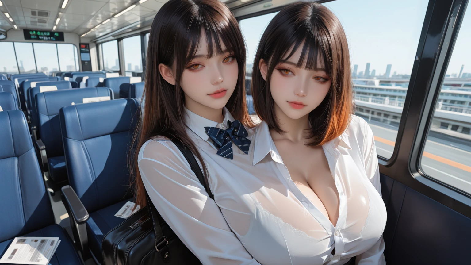 ???? image,????,(2girls),(lesbian ???),(yuri:1.5),(ultra detailed skin),curvy,petite,beautiful ???????,?????????????,pale skin,pointy ???????,????? ???????,(Hyperrealist,(8k),ultra-realistic,high detail,high resolution,best quality,masterpiece,Sense of presence,Dynamic,bold),(thin hair),(soft hair),(straight hair:1.5),Swept long bangs,extra light coppery amber hair,hair over one eye,(clothed:1.5)