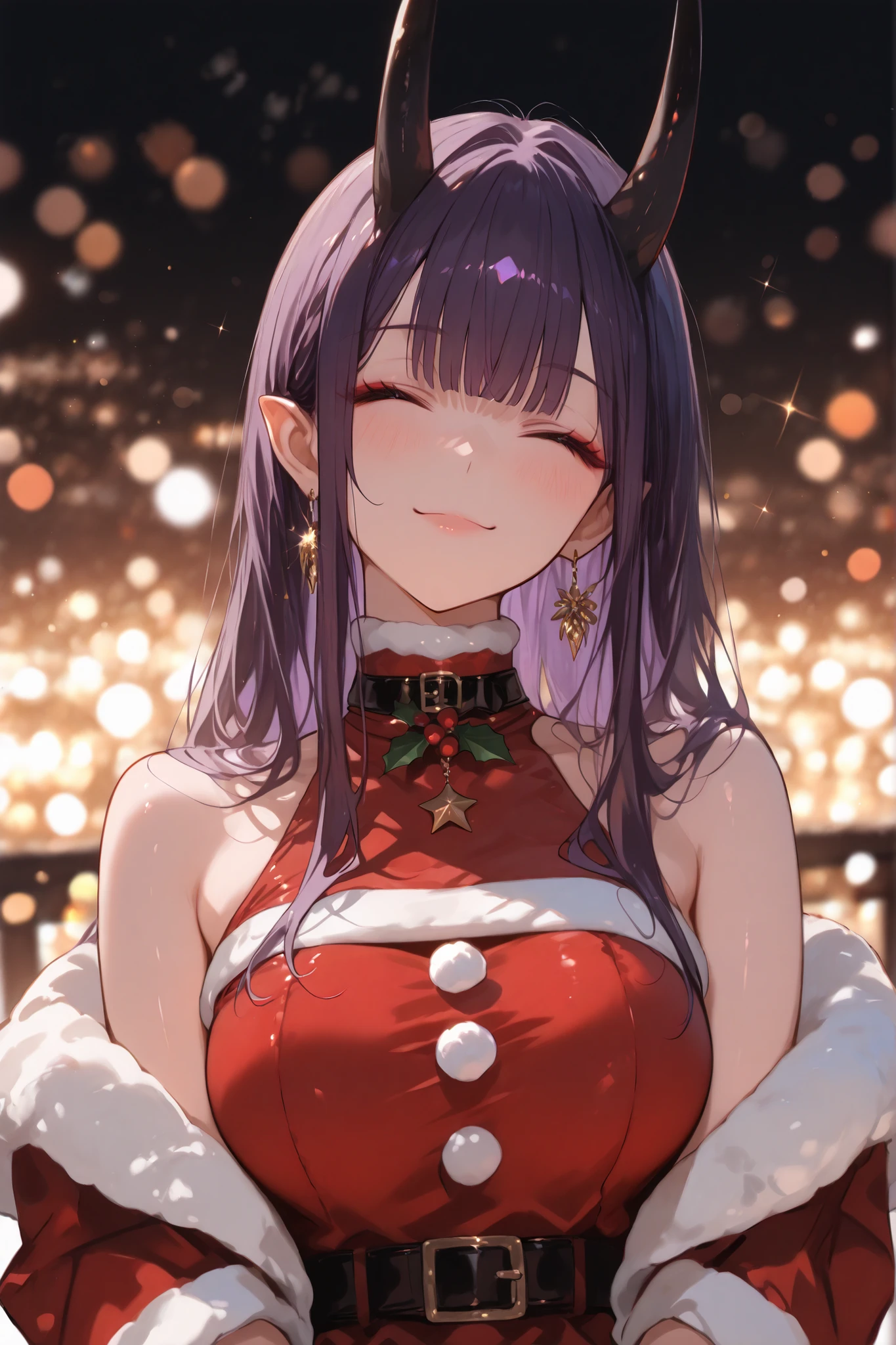 masterpiece, high quality, ultra detailed, super high resolution, bokeh,
1girl, solo, mishoujo, tall girl, 196cm, purple hair, long hair, straight bangs, sidelocks, closed eyes, smiling, black oni horns, glamour, motherly, oriental, gold earrings, elegant, demon girl, graceful, fair skin, shawl on arms, halterneck, turtleneck dress, santa dress, x-mas, christmas