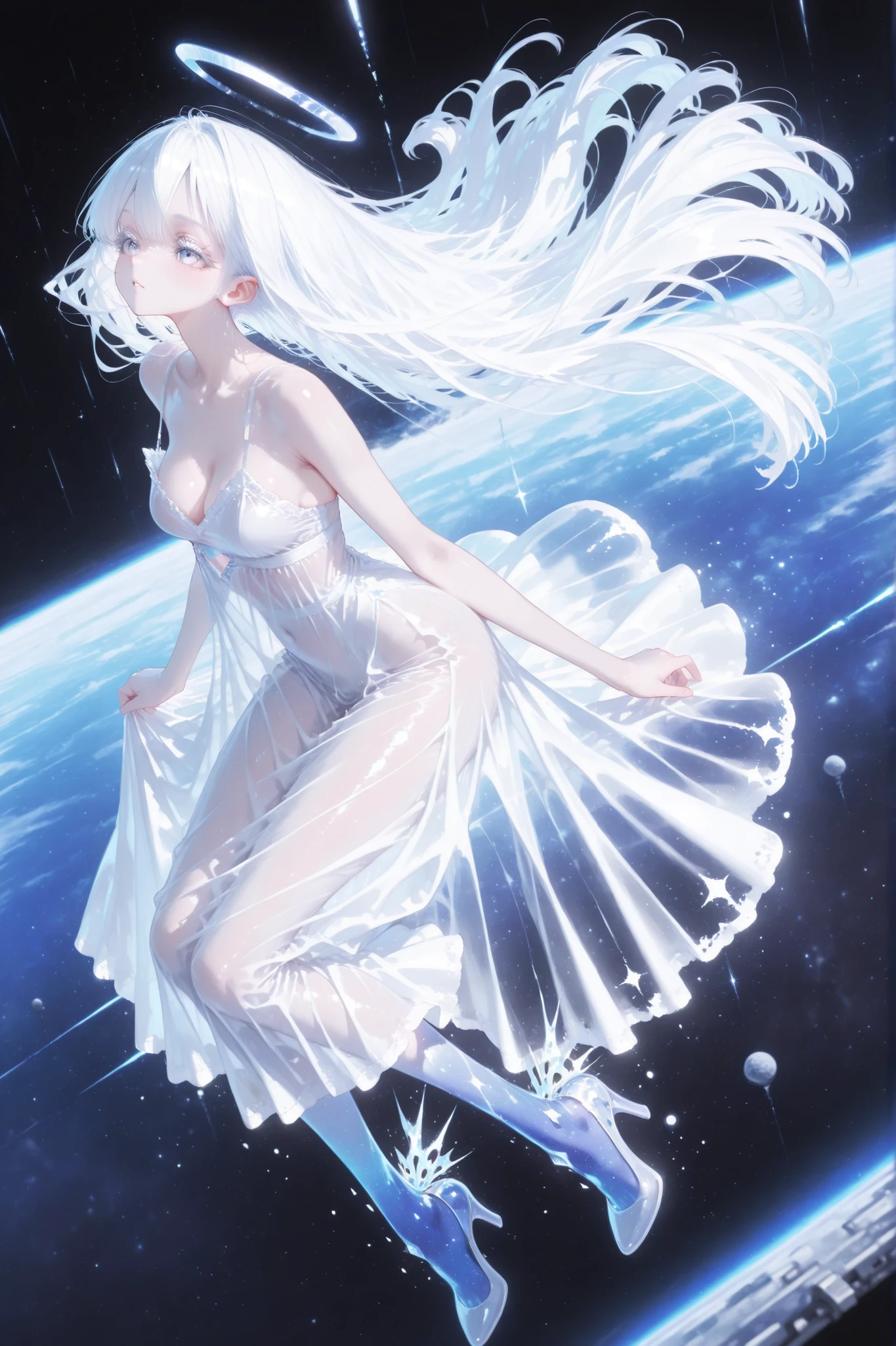 aria,white hair, white eyelashes, see through clothing, high heels, dreamy atmosphire, ((A girl drifts through space. )) Mist swirls,