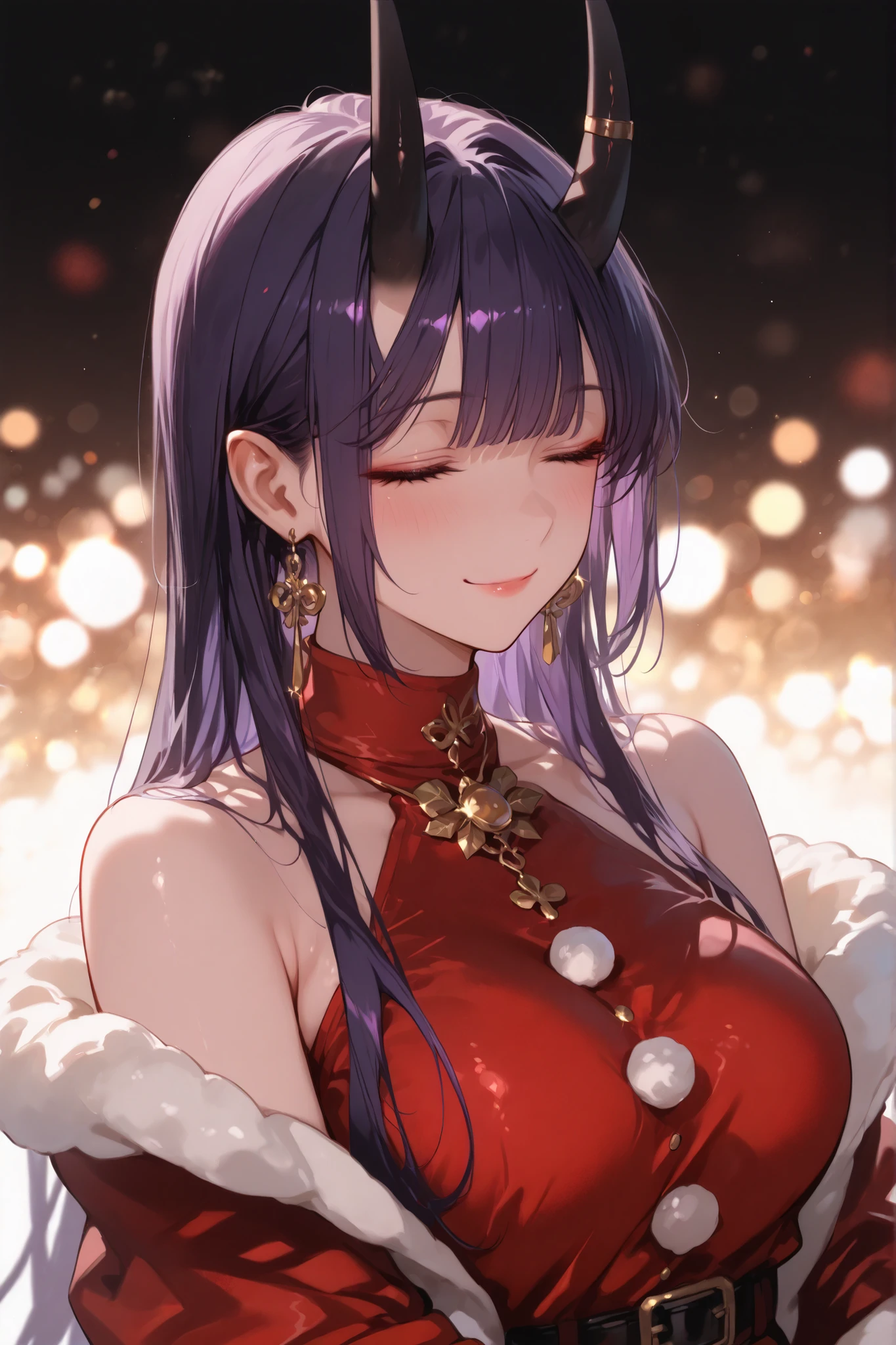 masterpiece, high quality, ultra detailed, super high resolution, bokeh,
1girl, solo, mishoujo, tall girl, 196cm, purple hair, long hair, straight bangs, sidelocks, closed eyes, smiling, black oni horns, glamour, motherly, oriental, gold earrings, elegant, demon girl, graceful, fair skin, shawl on arms, halterneck, turtleneck dress, santa dress, x-mas, christmas
