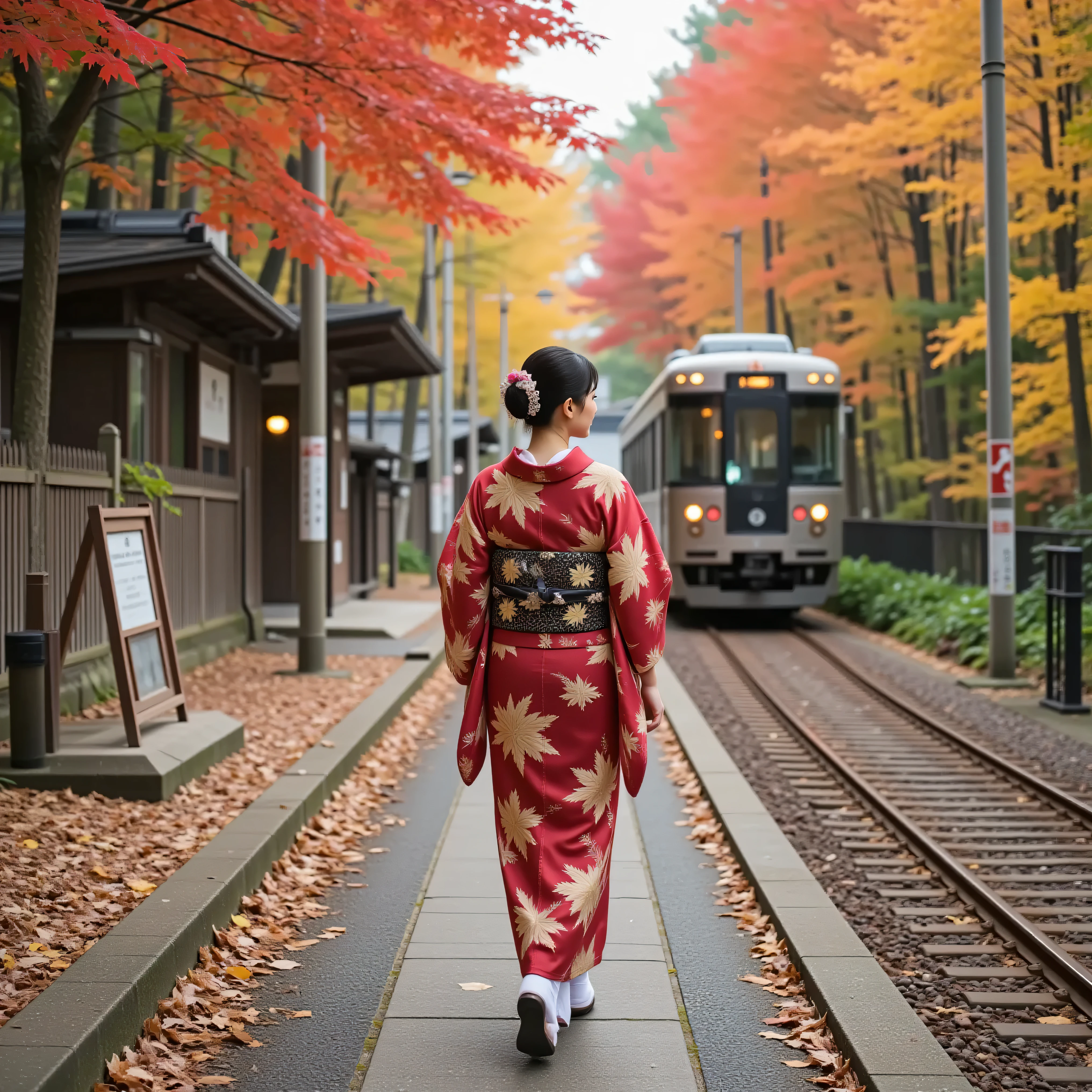 A young, beautiful woman adorns a gorgeous kimono with a maple leaf motif. The elegant design features a deep crimson and gold gradient, adorned with delicate maple embroidery. Her obi sash features a luxurious black and gold Japanese pattern, and her black hair, tied back with a maple leaf-patterned hairpin, sways gently in the breeze.
The woman walks slowly down the crimson path to the shrine, covered in fallen leaves, her entire body captured in the frame. She wears white tabi socks and zori sandals. The long hem of her kimono sways with each step, blending in with the flying leaves.
In the background, an autumn-colored forest spreads out, and the red, orange, and yellow maple leaves create a deep sense of depth. In the distance, a retro local train runs on the tracks, its movement as it passes by creating a cinematic sense of the passage of time.
The soft natural light of the afternoon, warm tones like those of film film, and a shallow depth of field make the woman the focal point.
Her slightly fragile expression evokes the nostalgia and melancholy of autumn travel.
Amidst a tranquil landscape, this cinematic scene combines the beauty of Japanese style with the colors of the seasons.