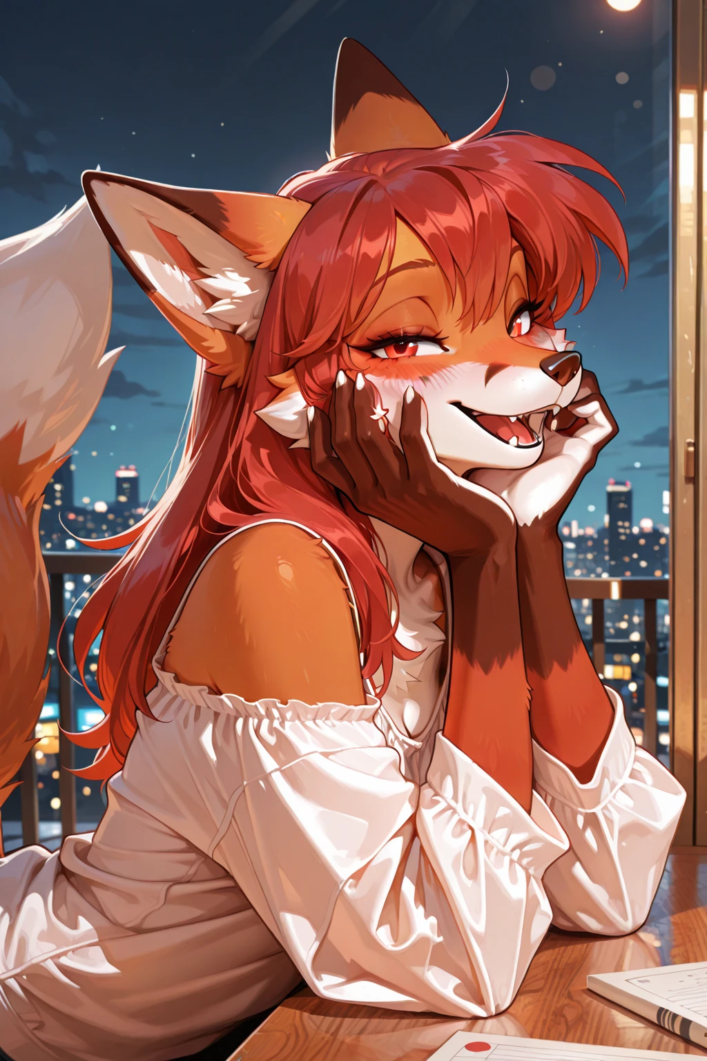 best quality,best resolution,(fluffy anthro furry :1.6),fox girl,small breasts,(red hair),long hair,(messy hair),orange eyes,glistering eyes,sparkle eyes,(orange fur :1.6),(white  sexy lace dress),luxury apartment bedroom,(purple sky),night,building,sweating,heavy breath,morning,very hot,steam surrounded,full face blush,looking at viewer,(heart expression eyes),(heart eyes),naughty face,smile,closed eyes,straddle viewer,open mouth,fangs,smile, drip, chest,open chest,,,fiercely ,brutal ,,open mouth,fangs,drool,face to face,close up,two hands selfie,