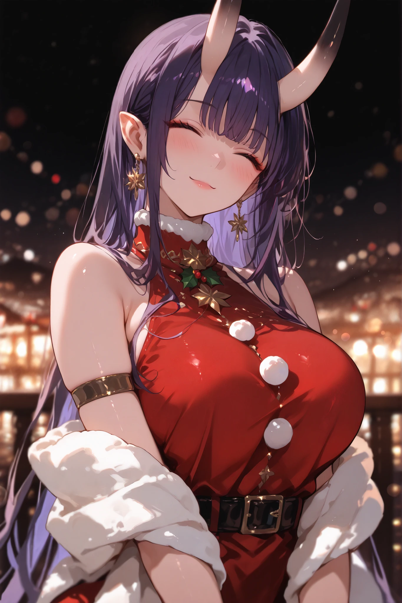 masterpiece, high quality, ultra detailed, super high resolution, bokeh,
1girl, solo, mishoujo, tall girl, 196cm, purple hair, long hair, straight bangs, sidelocks, closed eyes, smiling, black oni horns, , glamour, motherly, oriental, gold earrings, elegant, demon girl, graceful, fair skin, shawl on arms, halterneck, turtleneck dress, santa dress, x-mas, christmas