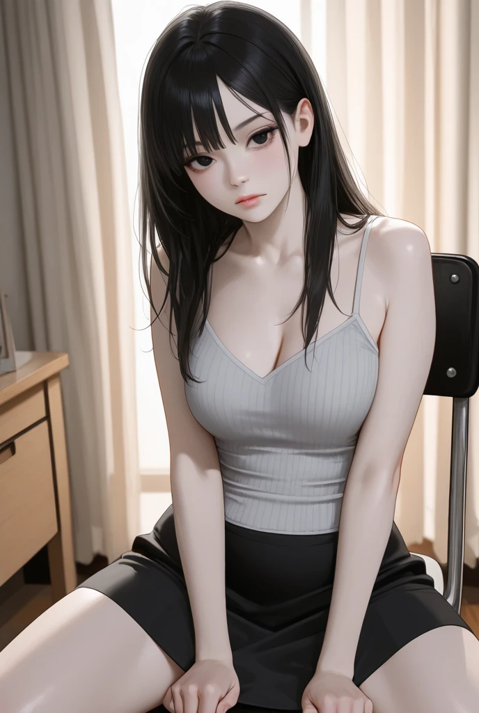 Sexy woman, long black luscious hair,  eyes, blushing, parted lips, black tank top, dark green jacket and skirt, sitting on desk, desperate