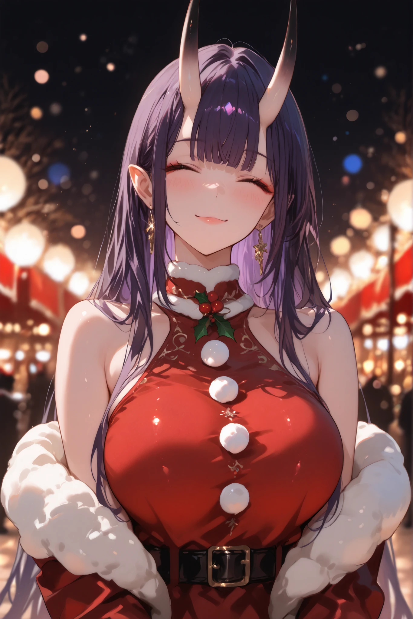 masterpiece, high quality, ultra detailed, super high resolution, bokeh,
1girl, solo, mishoujo, tall girl, 196cm, purple hair, long hair, straight bangs, sidelocks, closed eyes, smiling, black oni horns, , glamour, motherly, oriental, gold earrings, elegant, demon girl, graceful, fair skin, shawl on arms, halterneck, turtleneck dress, santa dress, x-mas, christmas