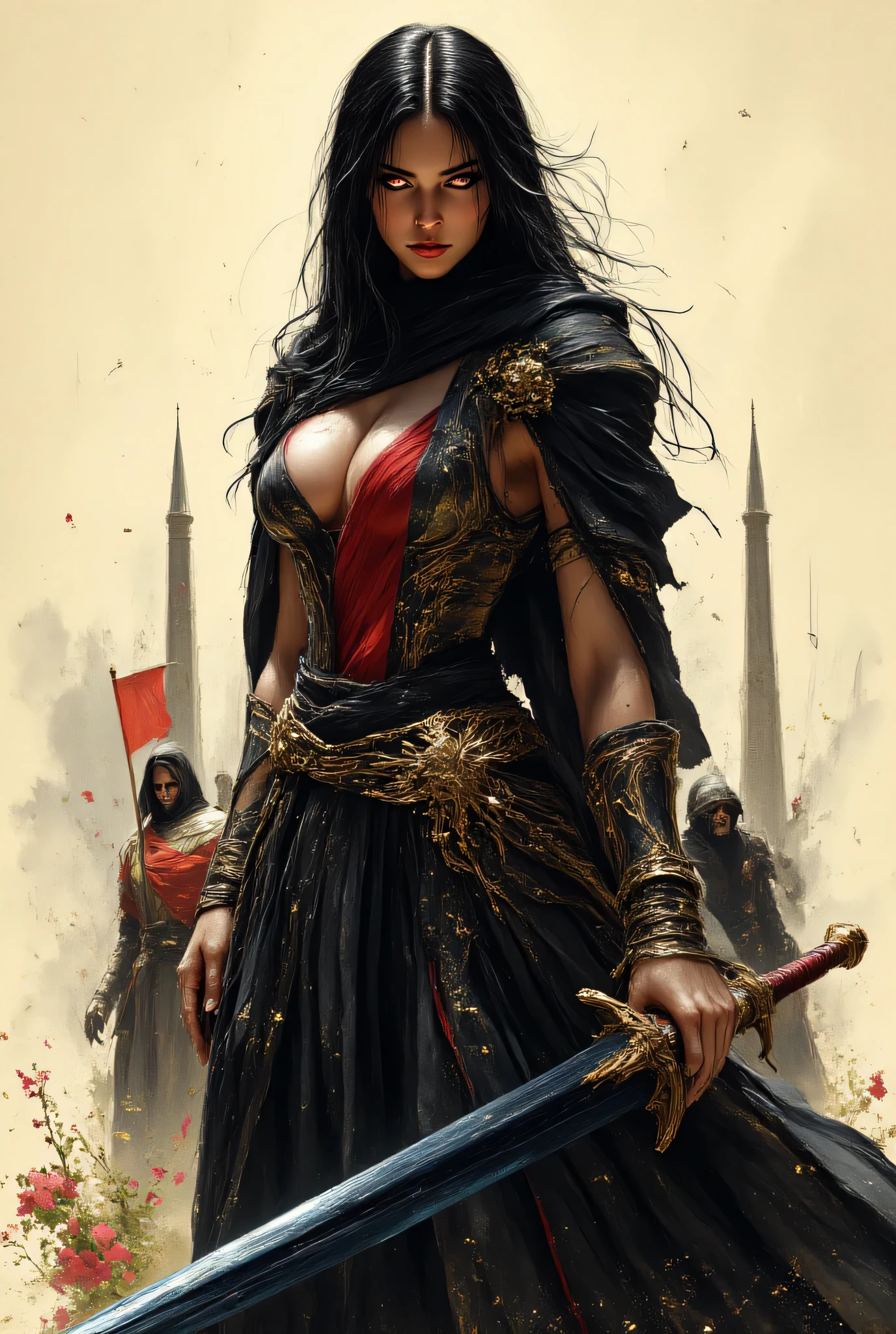 DarkDisciple,,(( Content: 1.25)). ((( Leading a Multitude of Knights: 1.2))),DarkDisciple This vibrant scene depicts a powerful female warrior ready for battle. A simple cream-colored backdrop reveals her muscular figure, conveying strength and determination. She is adorned with flowing black cloth. Dramatic light creates a striking contrast on her body, emphasizing the character and texture of her costume. Her sharp gaze conveys focus, while her pose conveys readiness. This artwork demonstrates a blend of realism and style, reminiscent of graphic novel aesthetics. Influences from classical mythology are evident in the warrior theme, fusing heroic tales with modern art. Overall, the composition emphasizes strength, emphasizing the play of light and shadow, evoking a sense of urgency and courage.